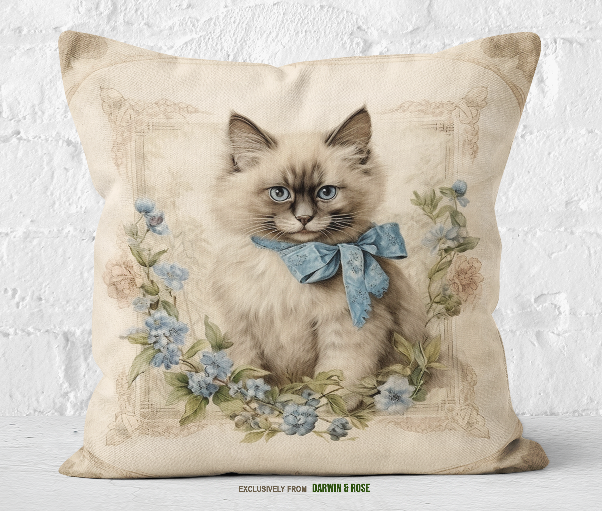 Ragdoll Cat Floral Elegance Throw Pillow - Vintage Cottagecore Decor