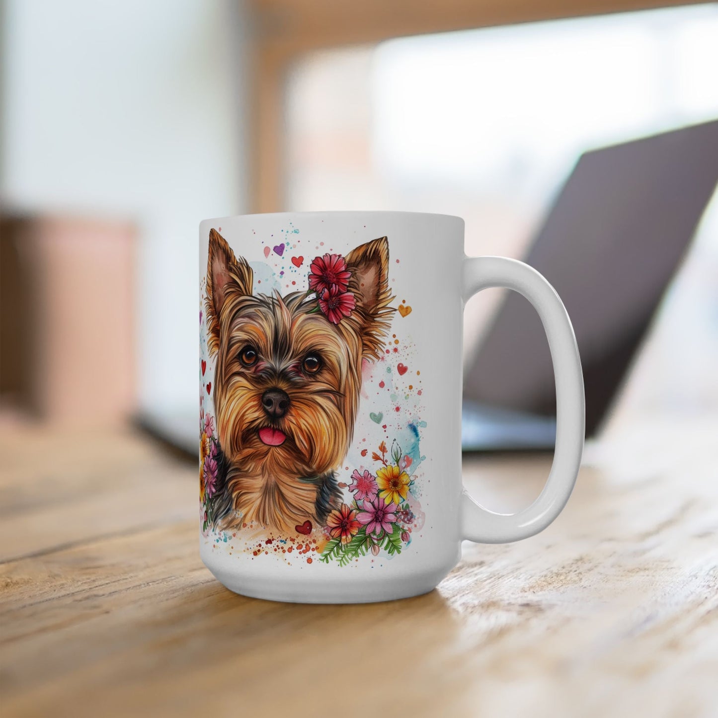 Yorkie Love Mug – Yorkshire Terrier Coffee Cup with Floral Art