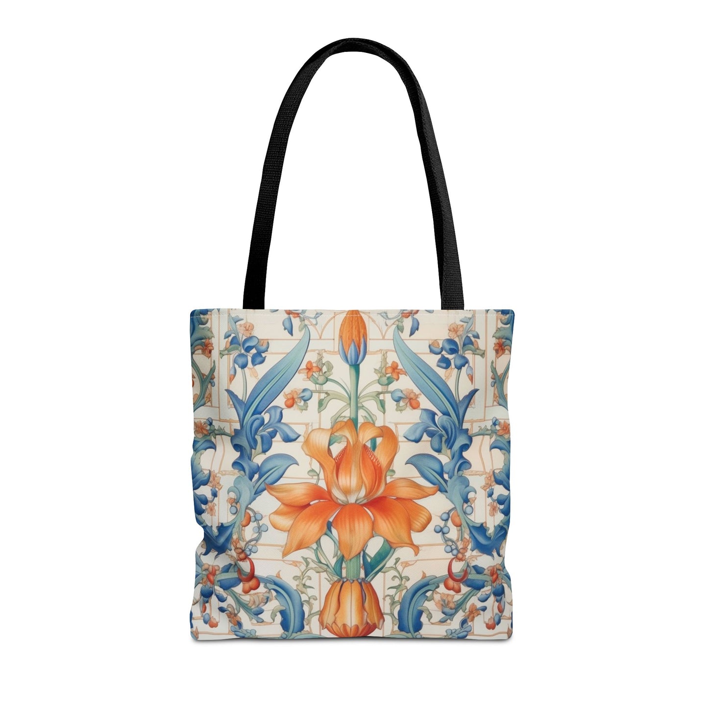 Floral Elegance Tote Bag, Vibrant Orange and Blue Reusable Shopper