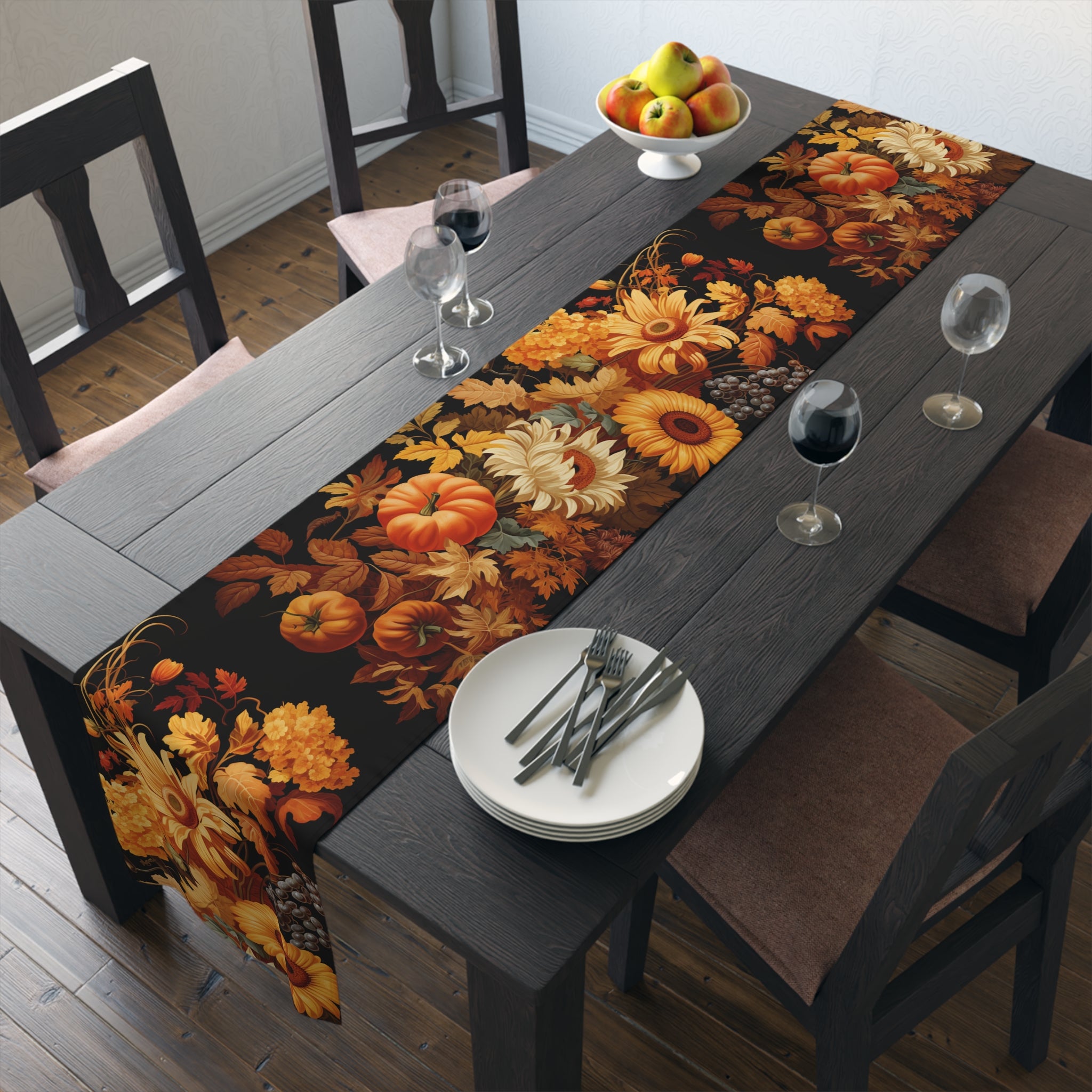 Sunflower Harvest Table Runner | Orange, Yellow, and Black Design (72" or 90")