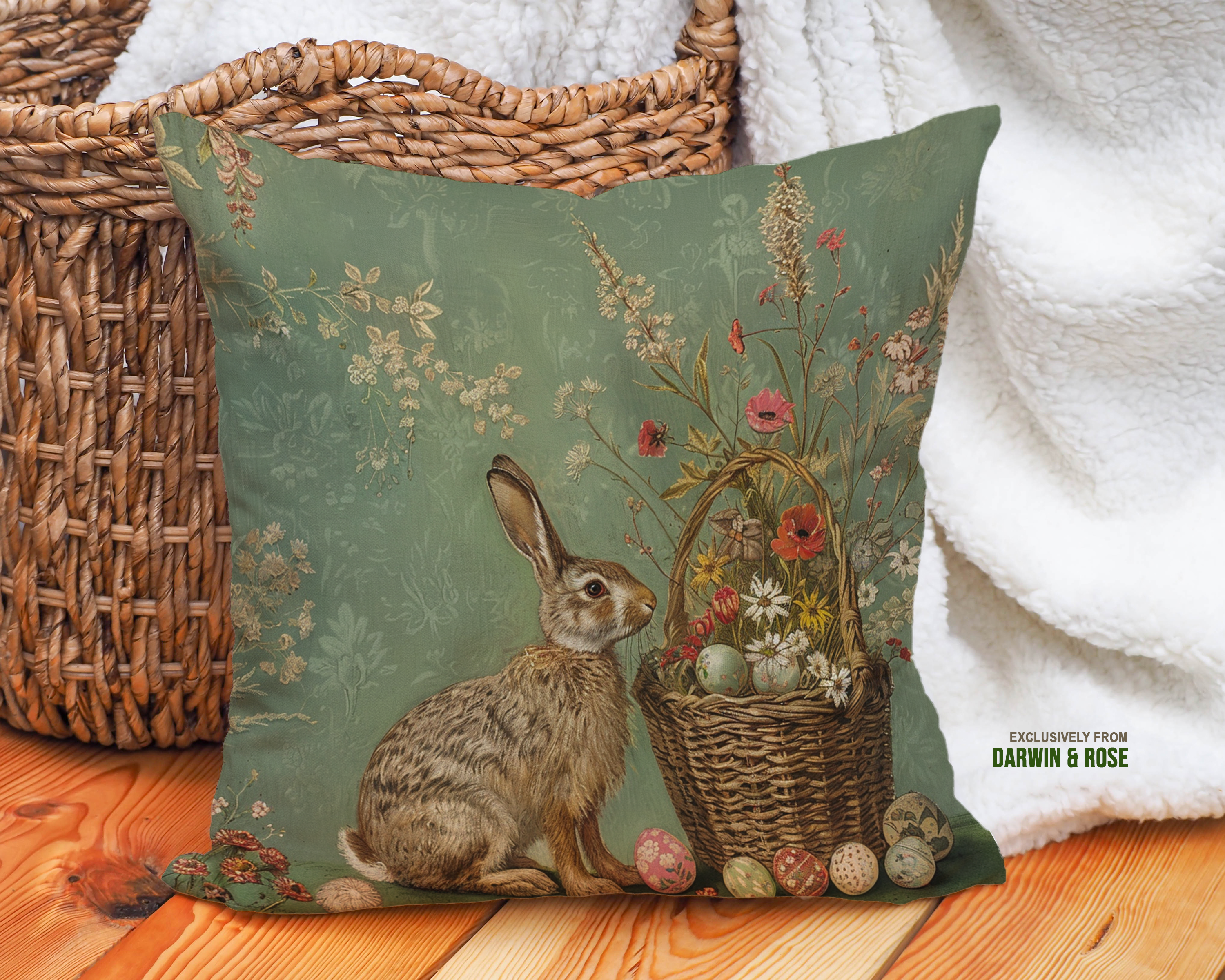Vintage Easter Bunny Throw Pillow – Rustic Farmhouse Spring Décor