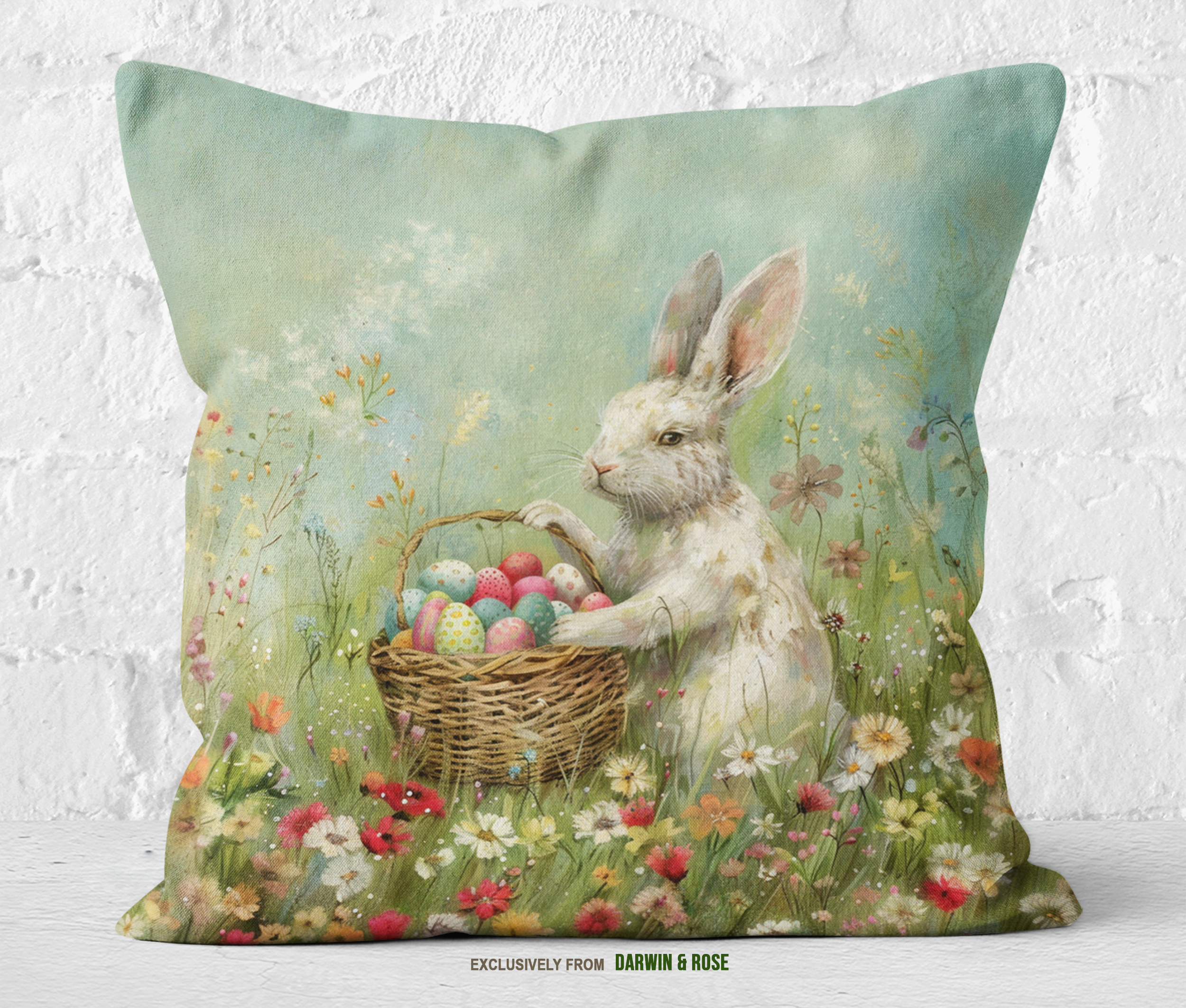 Spring Meadow Easter Bunny Throw Pillow