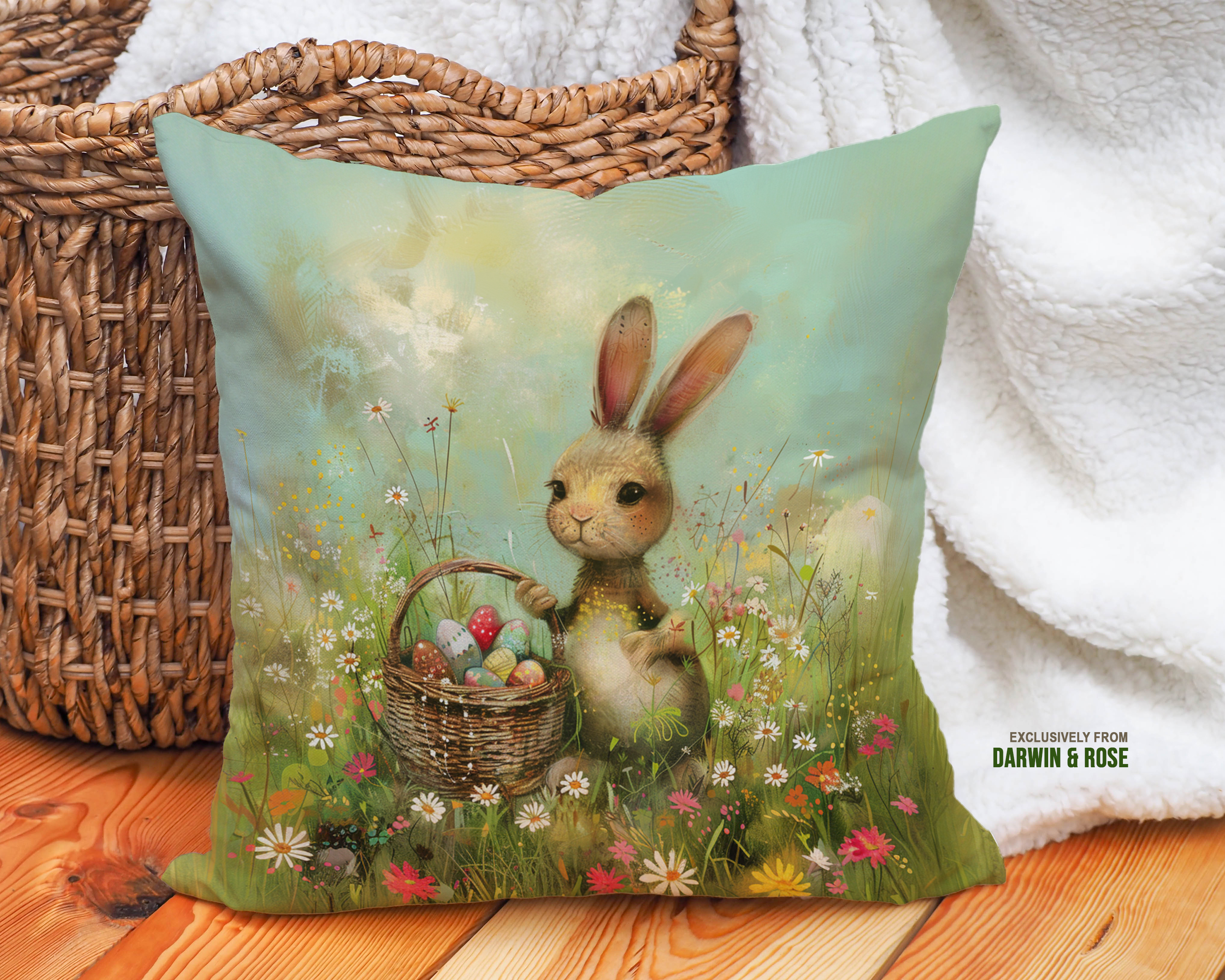 Easter Bunny in a Spring Meadow Throw Pillow