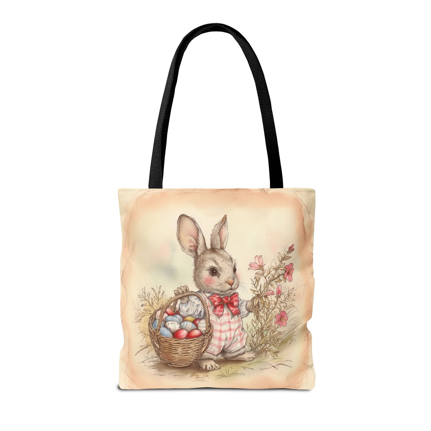 Vintage Easter Bunny Tote Bag with Floral and Egg Basket Design