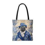 Regal Pug Canvas Tote Bag, Blue Floral Design for Dog Lovers