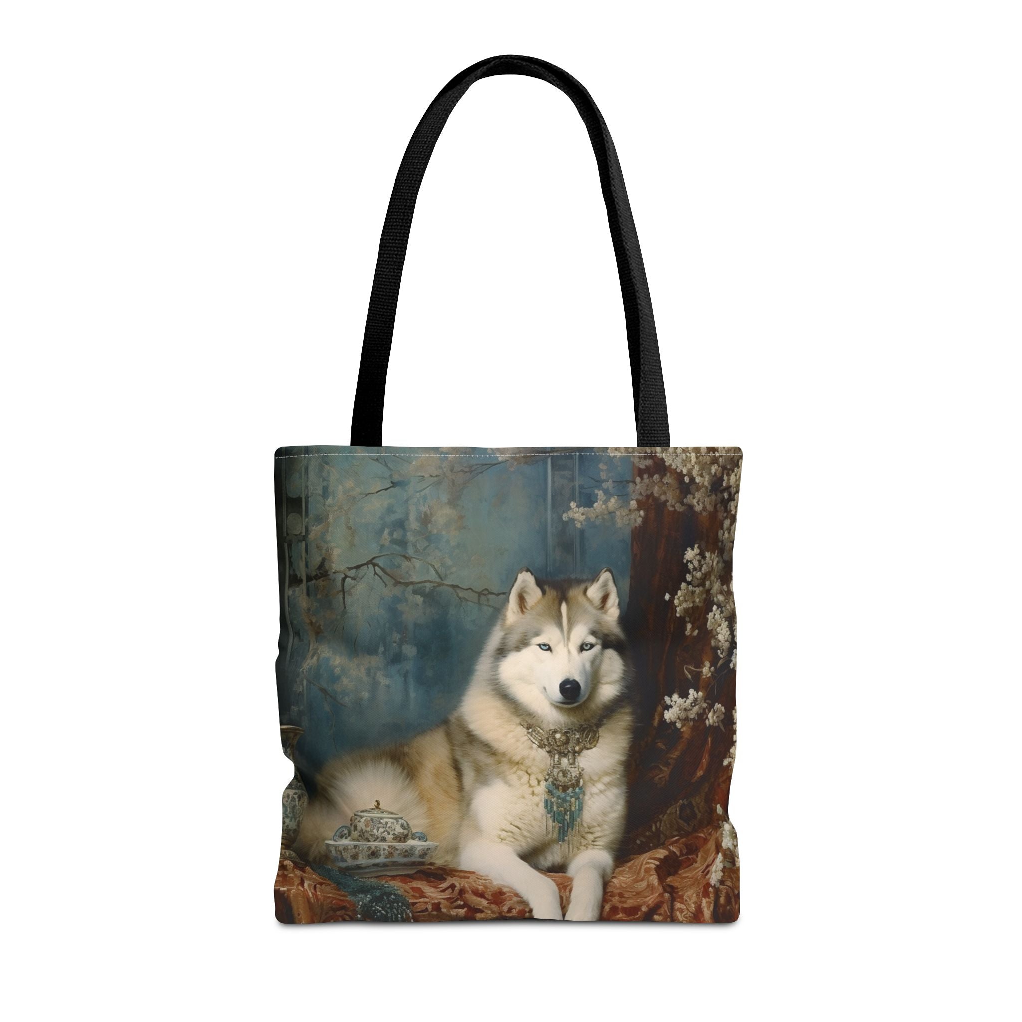 Siberian Husky Elegance Tote Bag, Vintage Floral Shopping Canvas