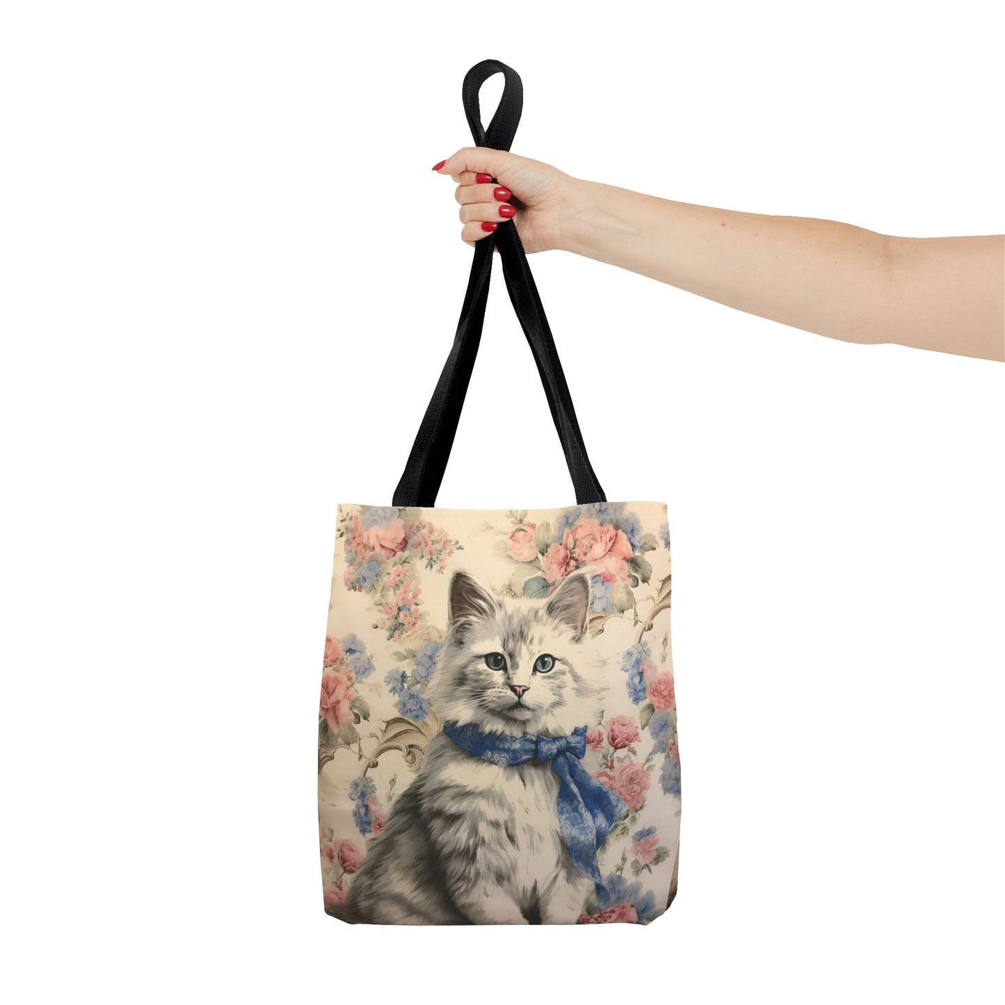 Charming Floral Cat Tote Bag with Pastel Blossoms, Elegant Gift