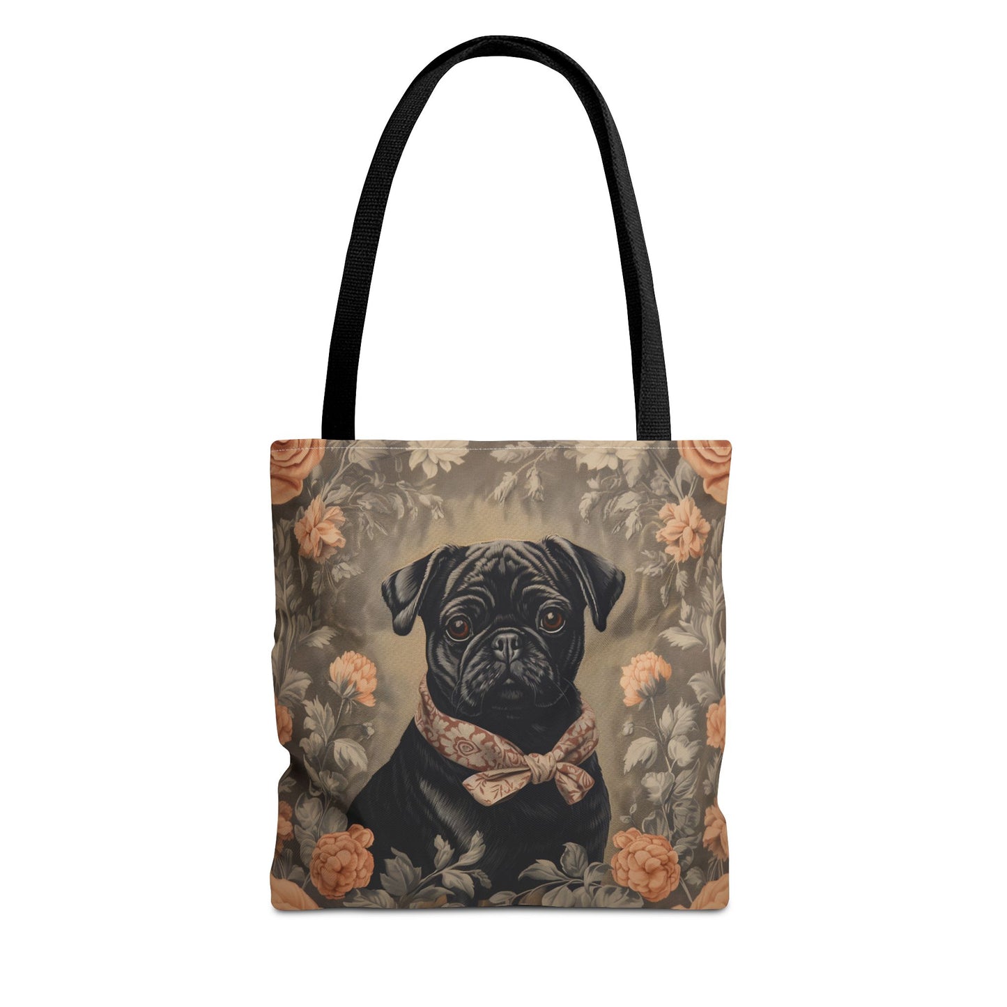 Charming Black Pug Floral Tote Bag with Elegant Bowtie Design