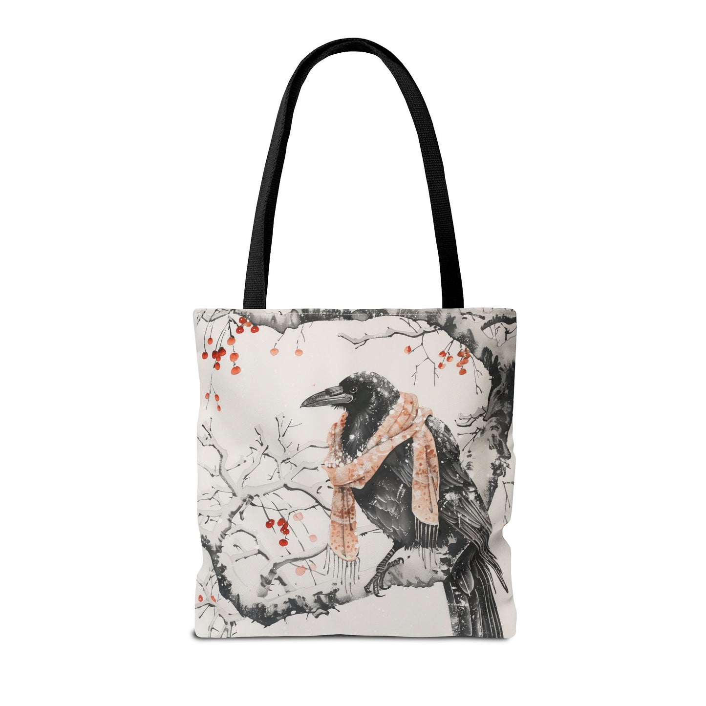 Winter Raven Art Tote Bag with Festive Scarf, Reusable Canvas Bag