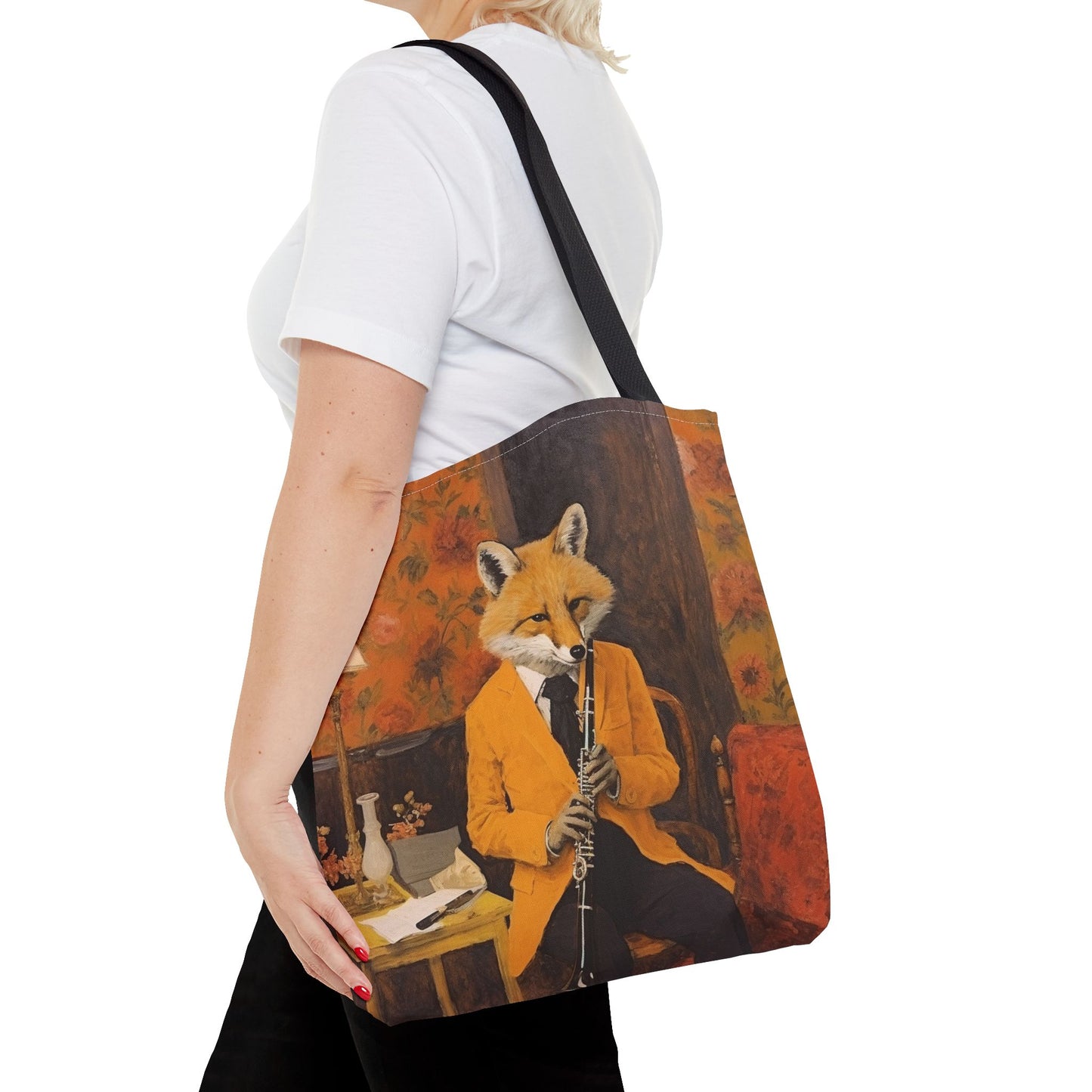 Fox Musician Canvas Tote Bag, Artistic Eco-Friendly Shopping Bag