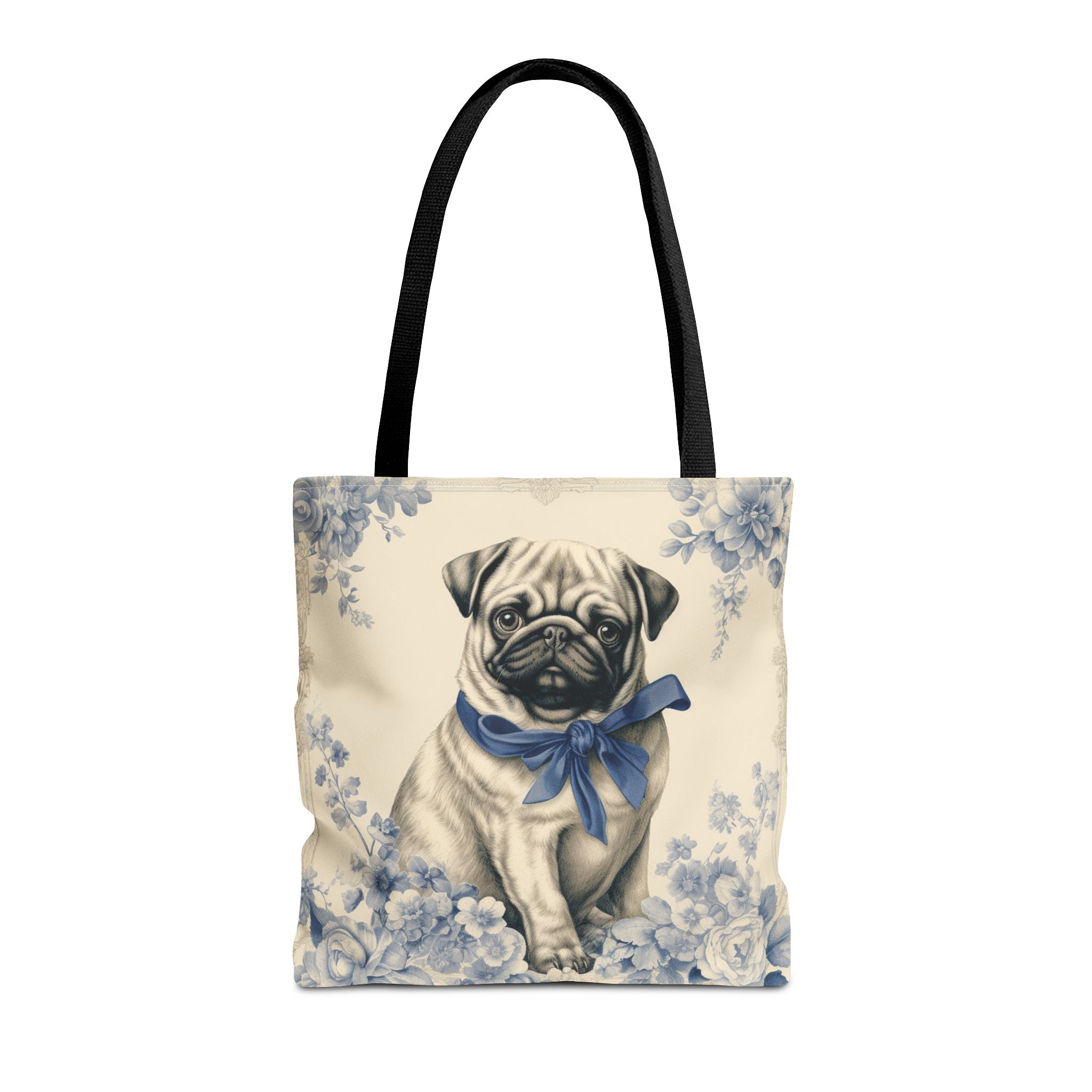 Charming Pug Canvas Tote Bag with Blue Bow & Floral Design