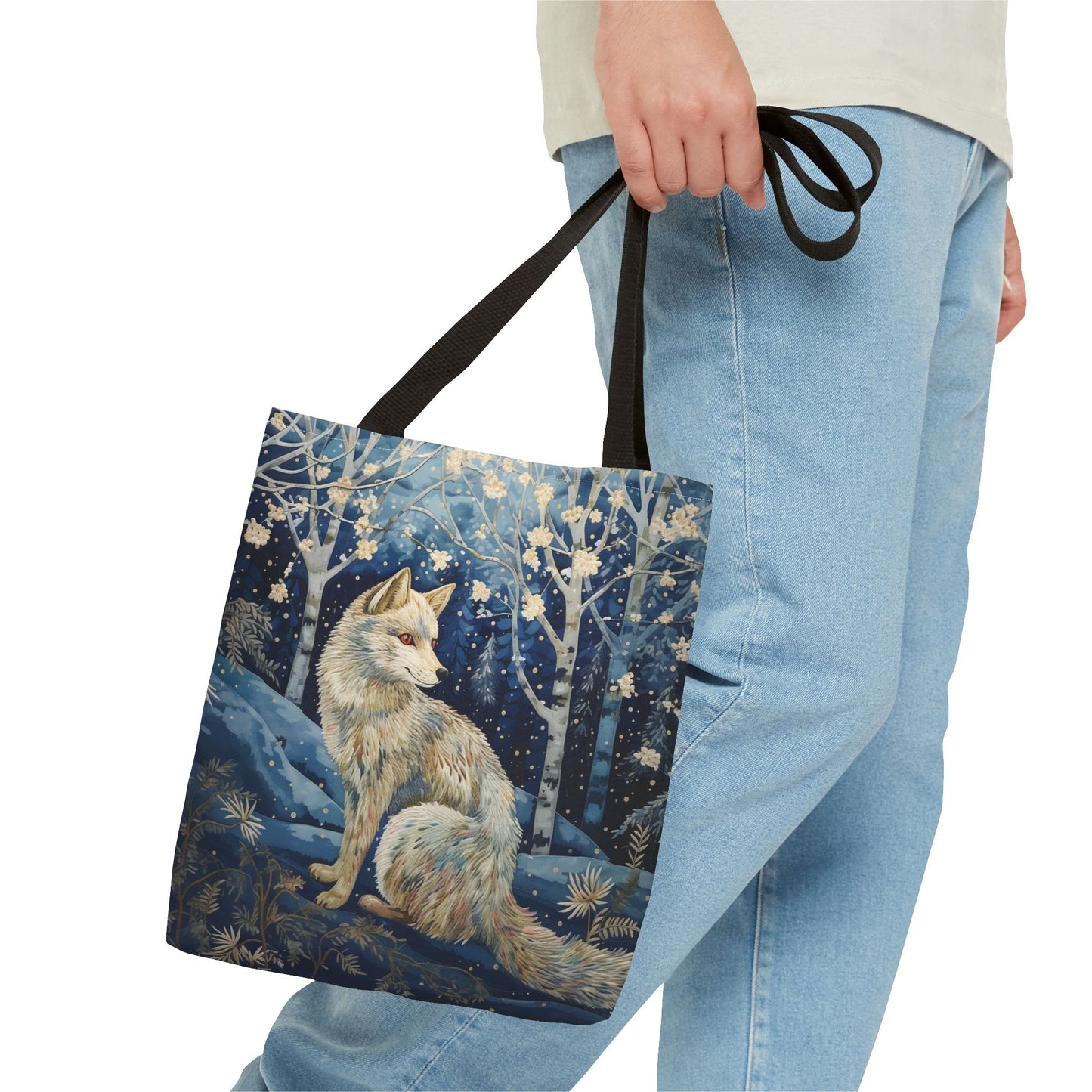 Winter White Wolf Tote Bag, Artistic Snowy Forest Design, Eco-Friendly