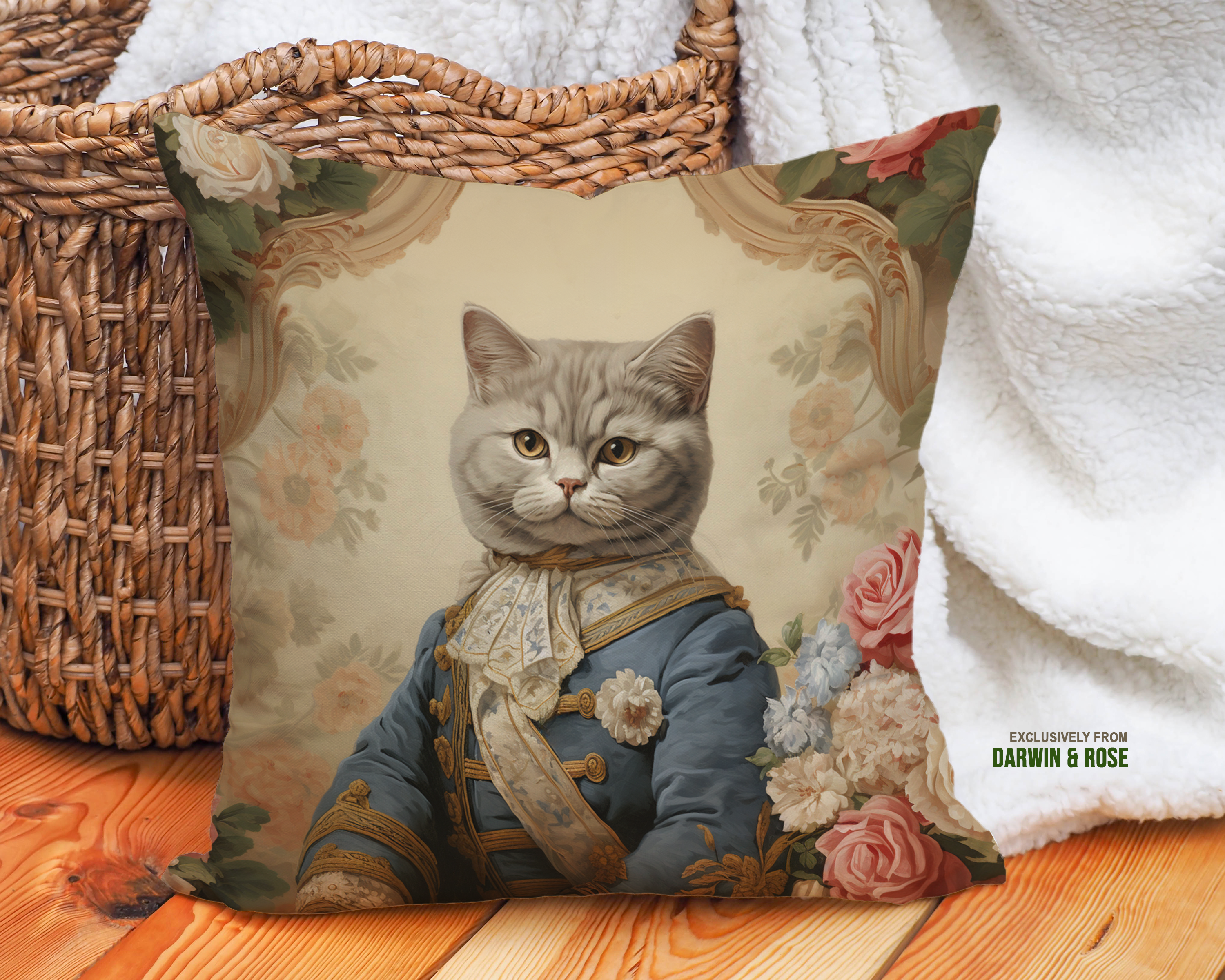 Regal British Shorthair Cat in Victorian Floral Style Throw Pillow