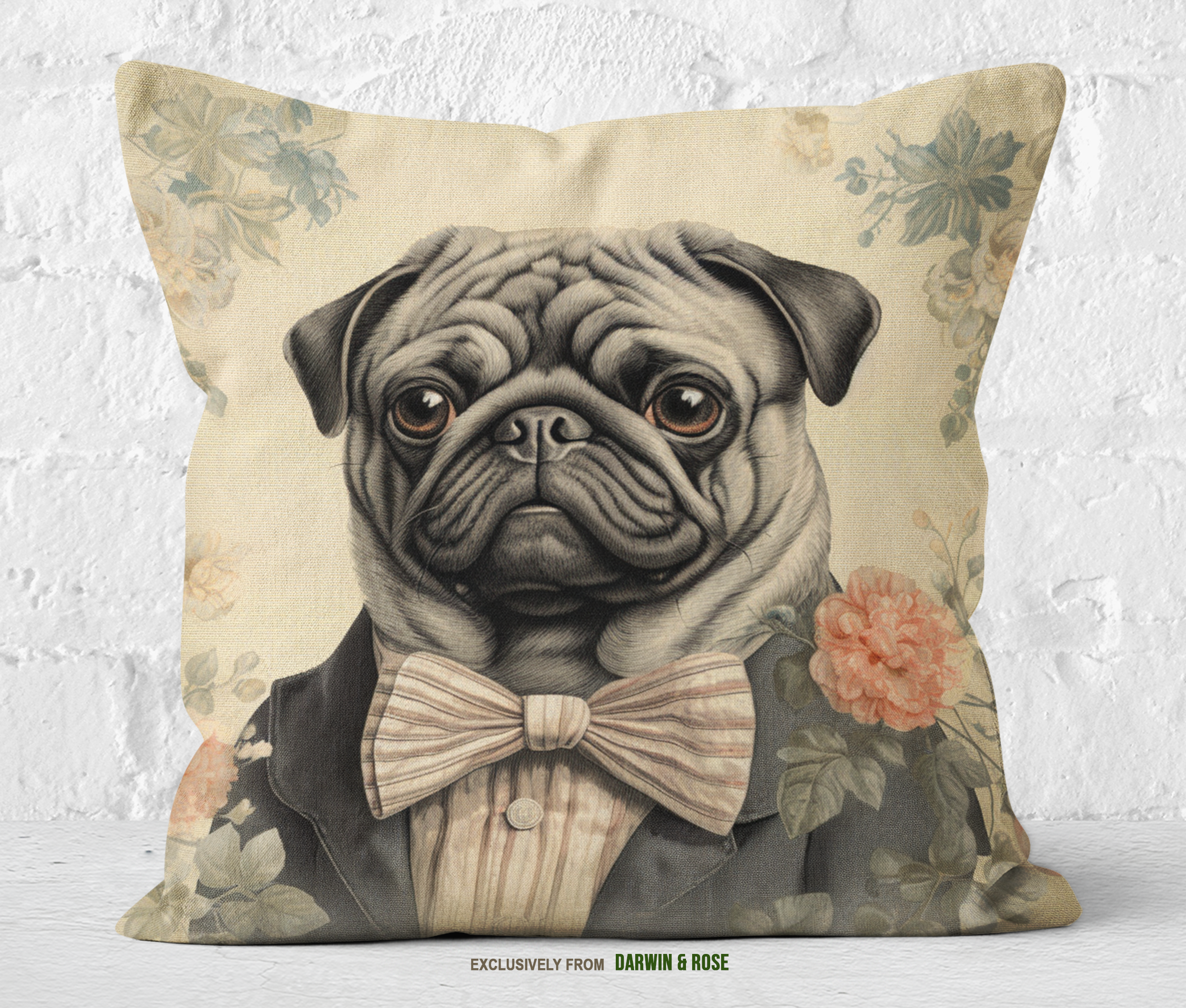Vintage Chic Pug Throw Pillow – Elegant Floral Design for Dog Lovers