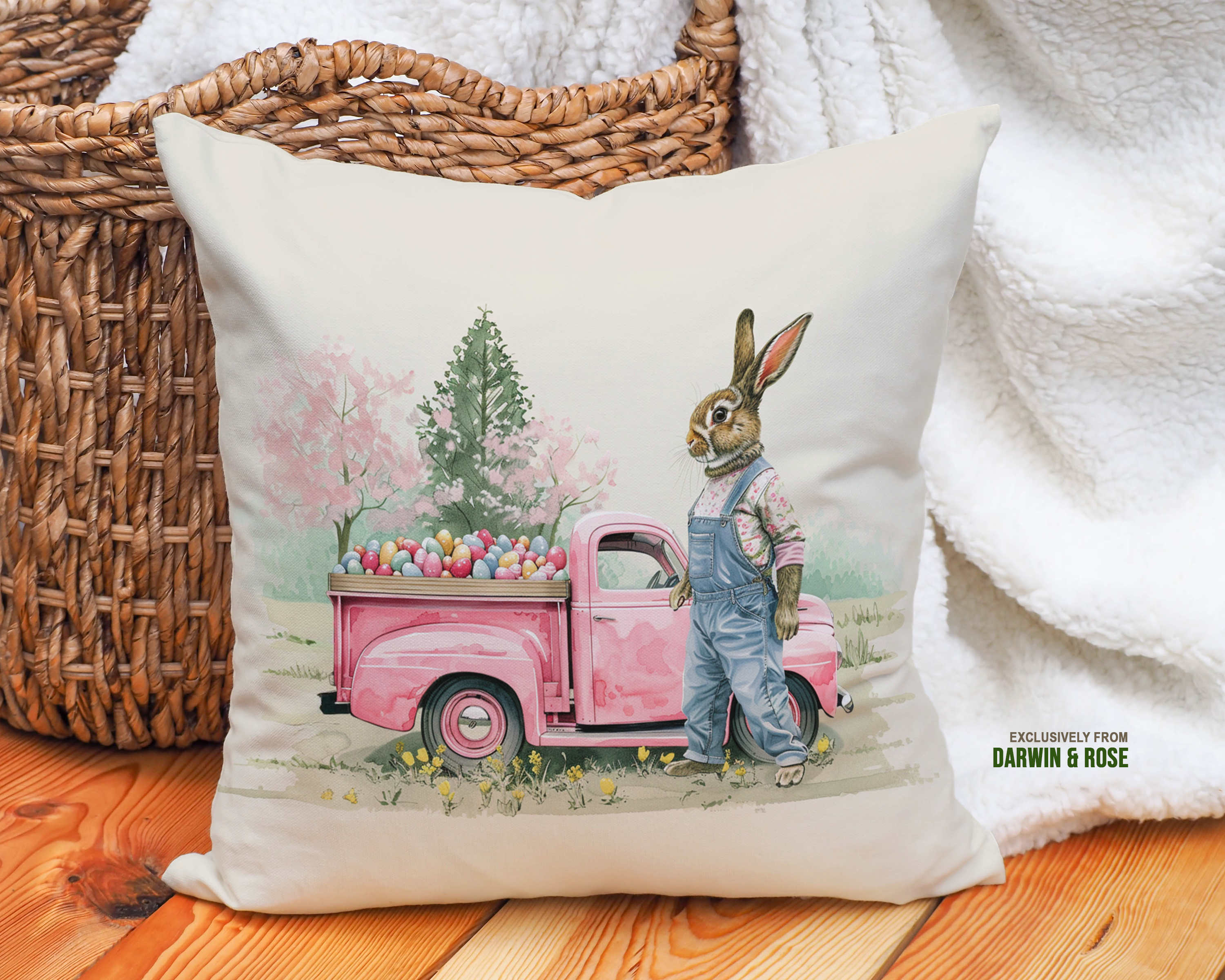Easter Bunny Farmhouse Throw Pillow - Pink Vintage Truck and Spring Charm