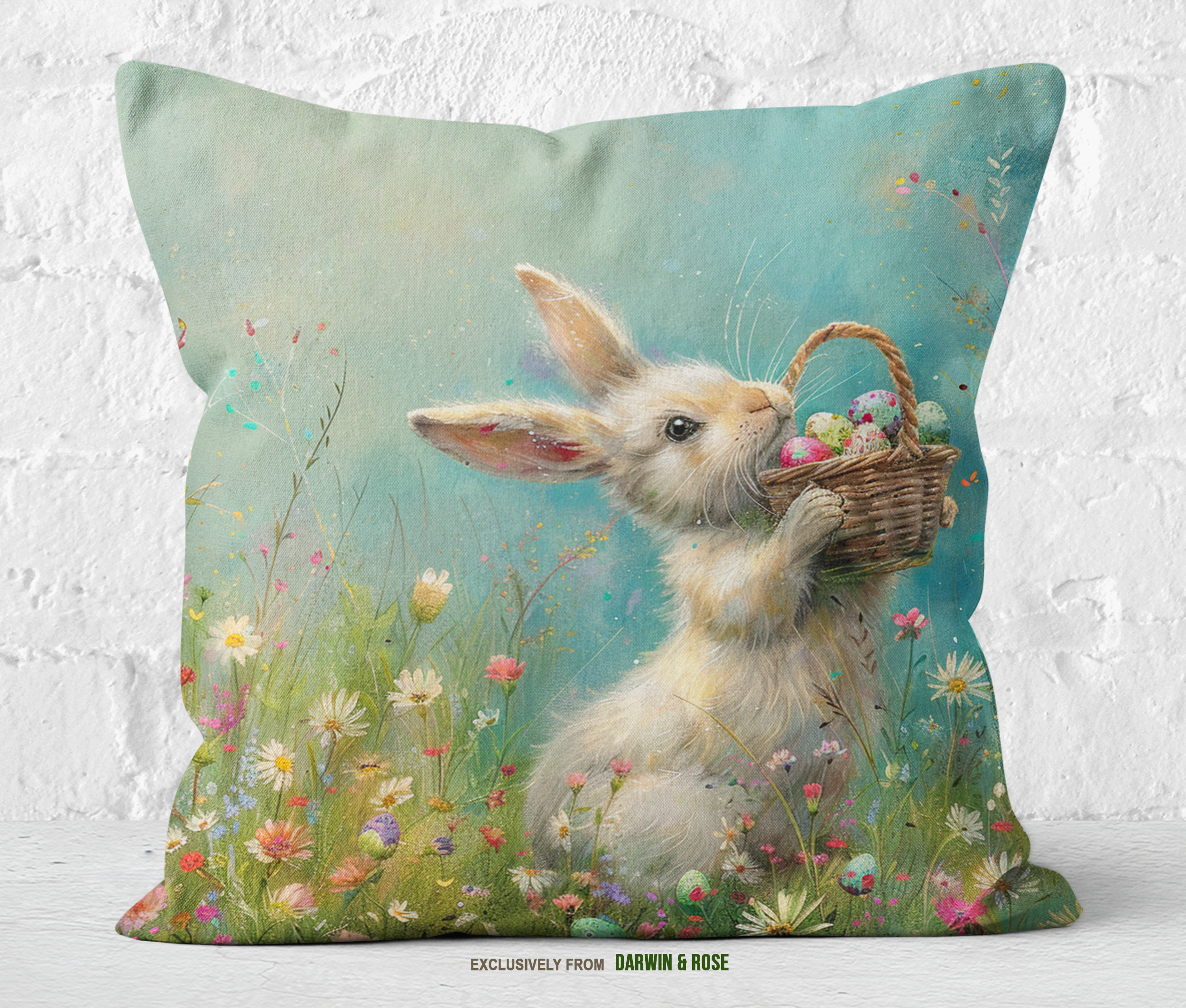 Easter Bunny Meadow Throw Pillow – Whimsical Spring Decor