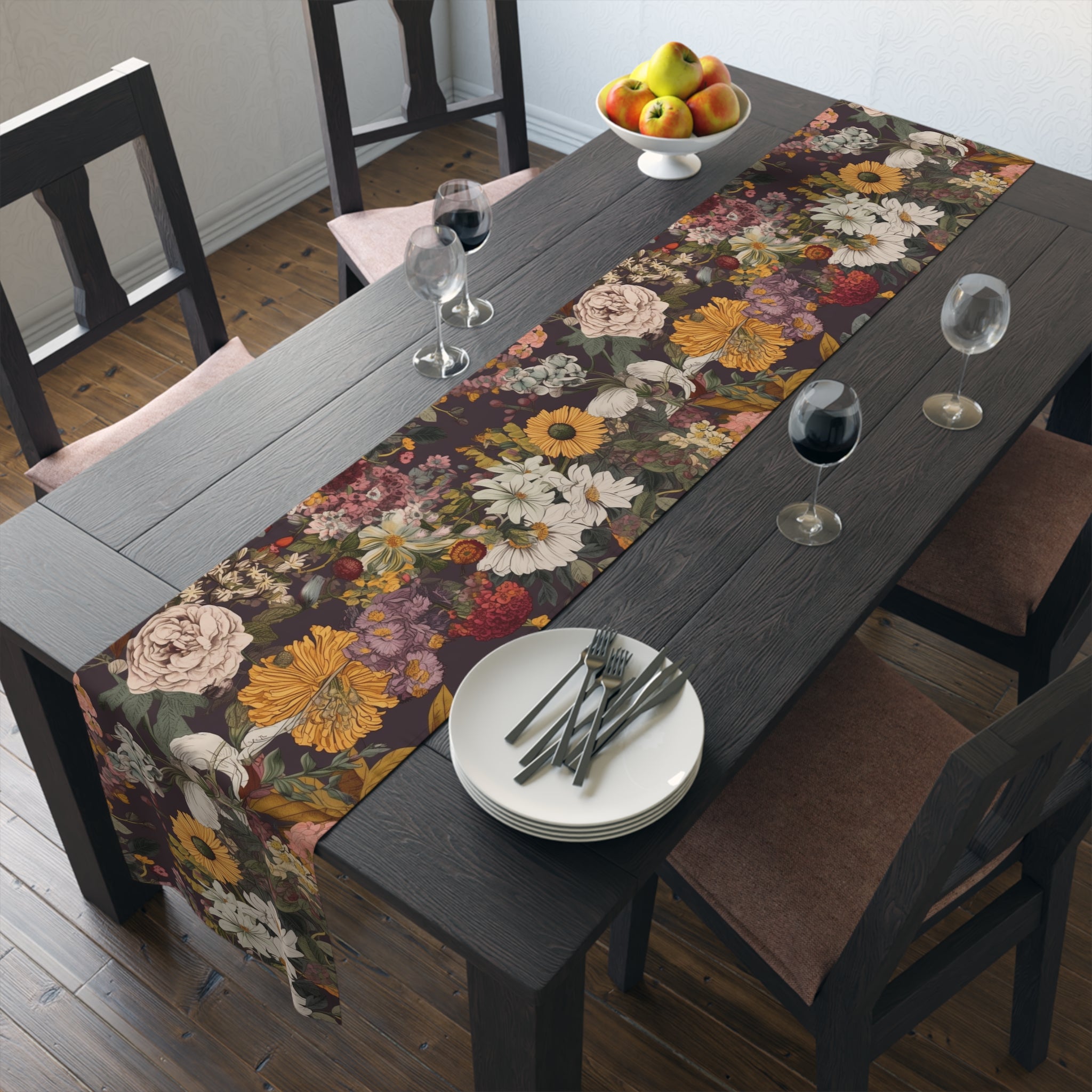 Rustic Floral Table Runner | Burgundy, Gold, and White Design (72" or 90")