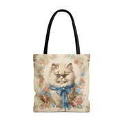 Persian Cat Floral Elegance Tote Bag with Blue Bow for Cat Lovers