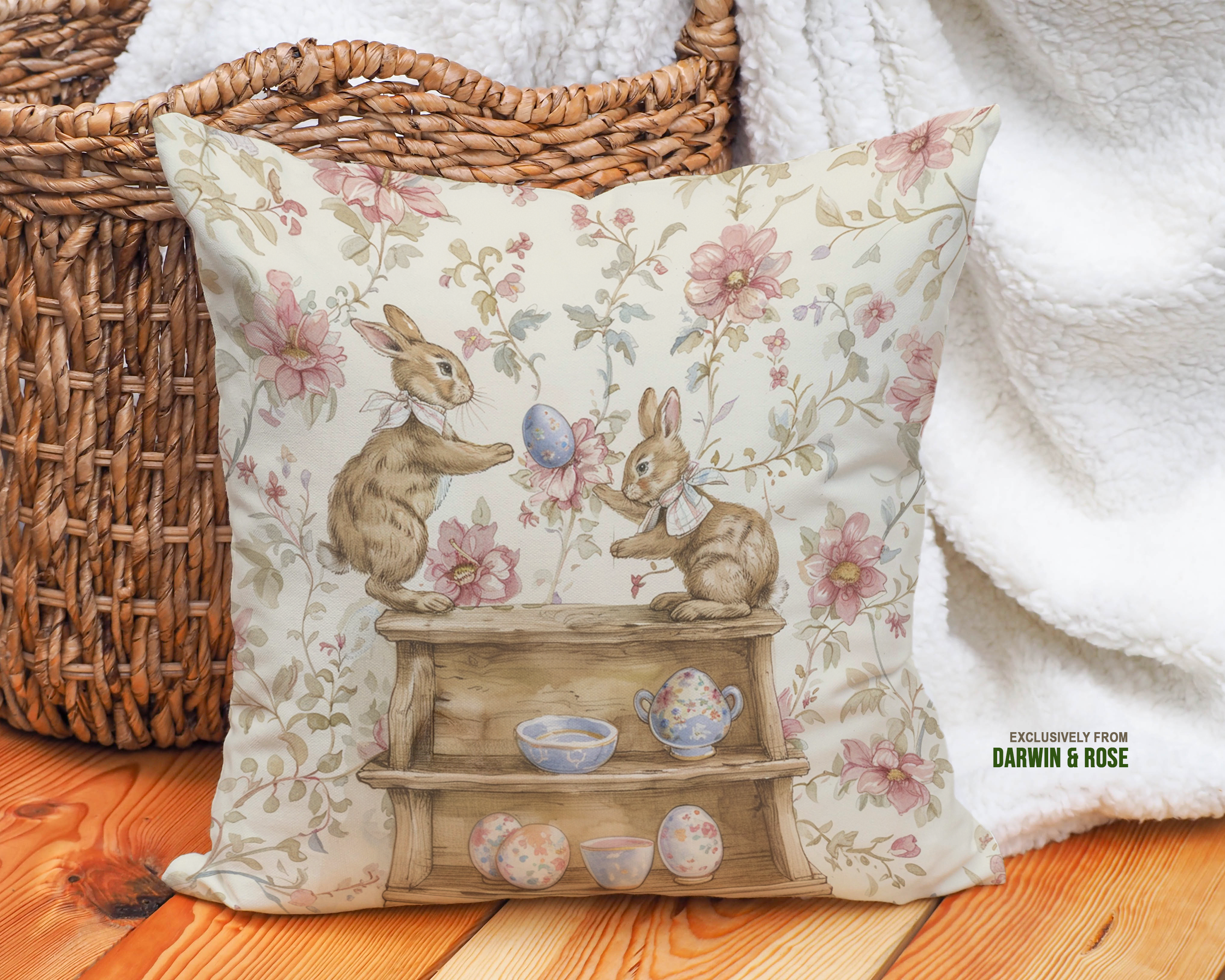 Two Bunnies Easter Farmhouse Throw Pillow