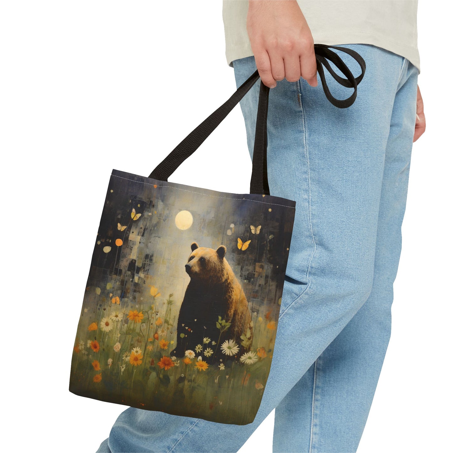 Bear in Moonlit Meadow Tote Bag, Eco-Friendly Nature Lover Gift