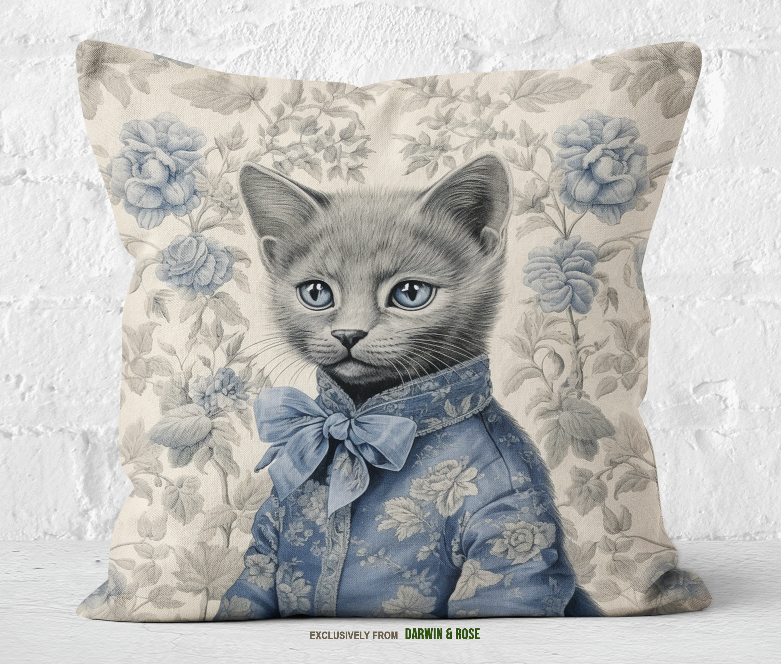 Regal Russian Blue Cat in Vintage Floral Attire Throw Pillow