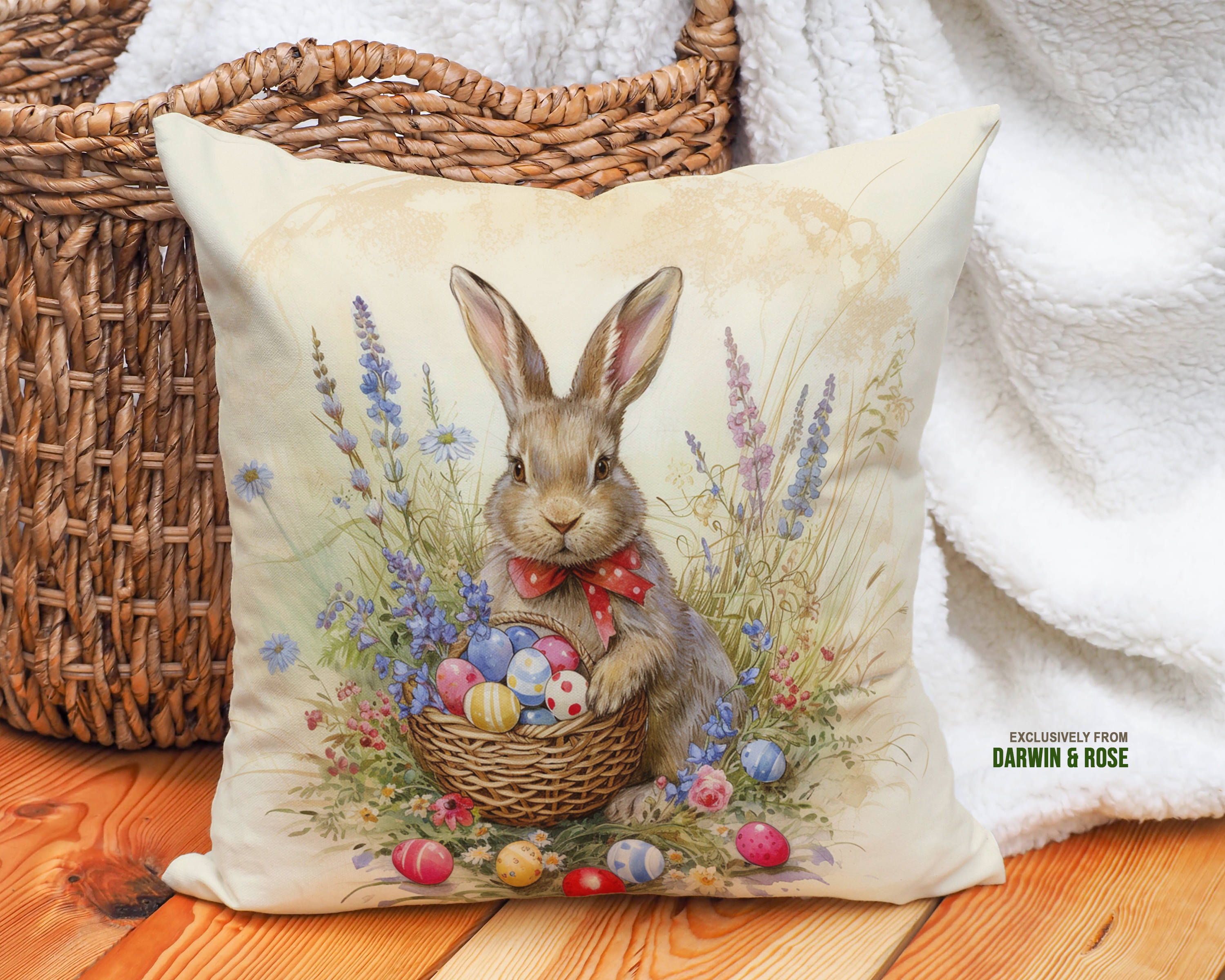 Easter Bunny Meadow Throw Pillow – Vintage Farmhouse Spring Decor