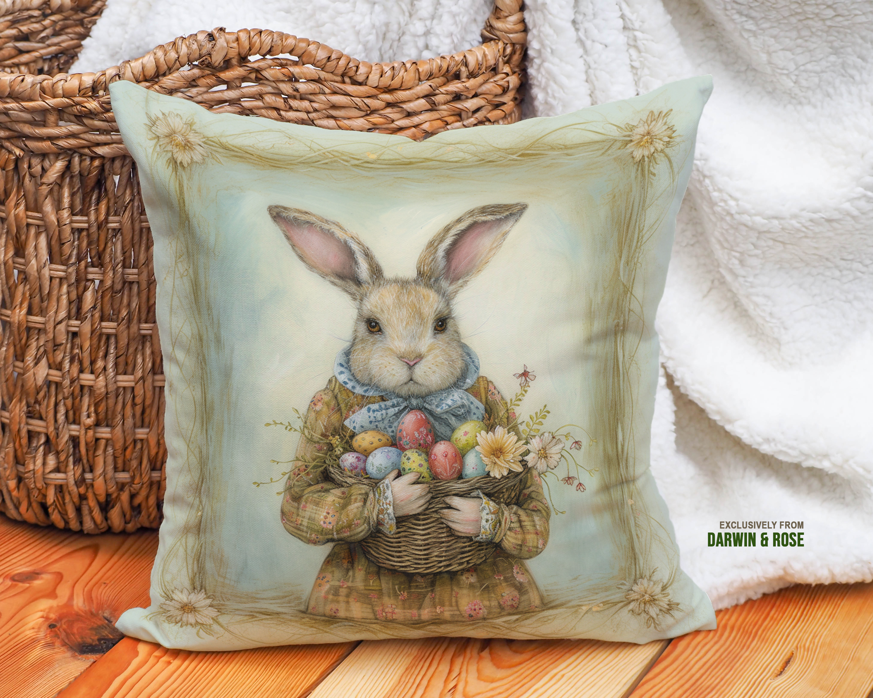 Vintage Easter Bunny Throw Pillow – Farmhouse Spring Decor