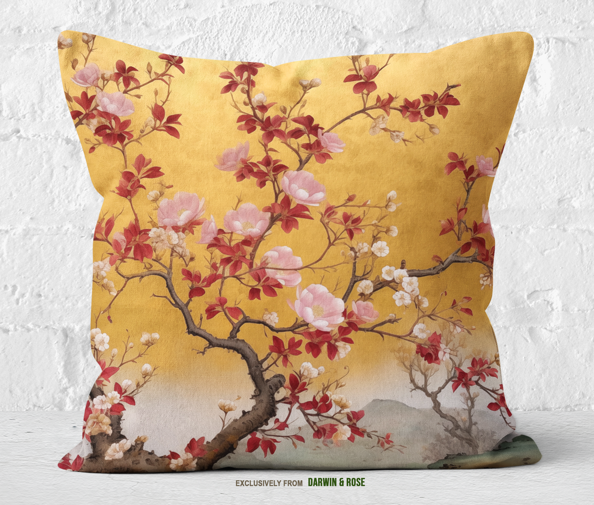 Golden Blossom Spring Throw Pillow - Asian-Inspired Floral Design