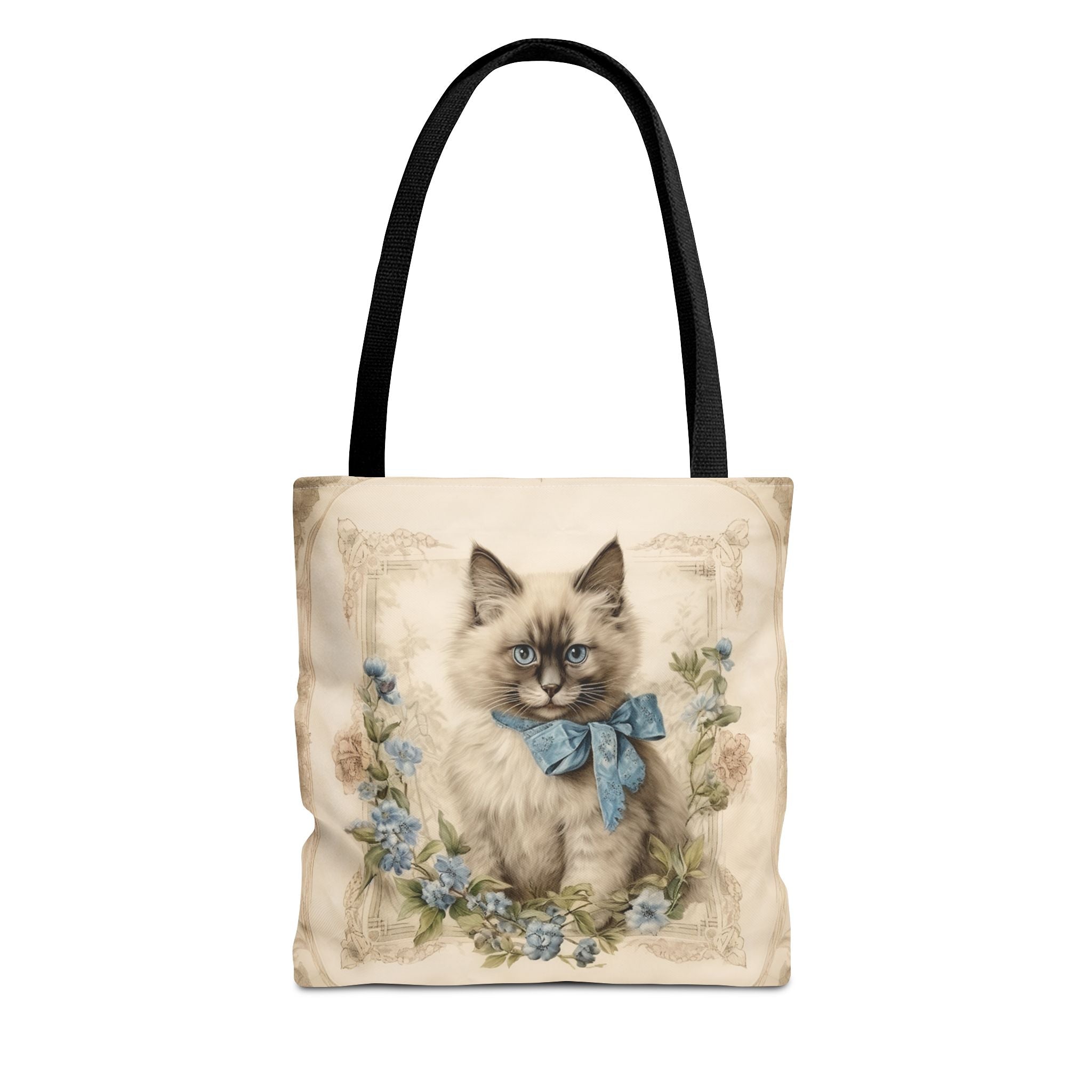 Ragdoll Cat Tote Bag with Blue Floral Design, Eco-Friendly Gift Idea