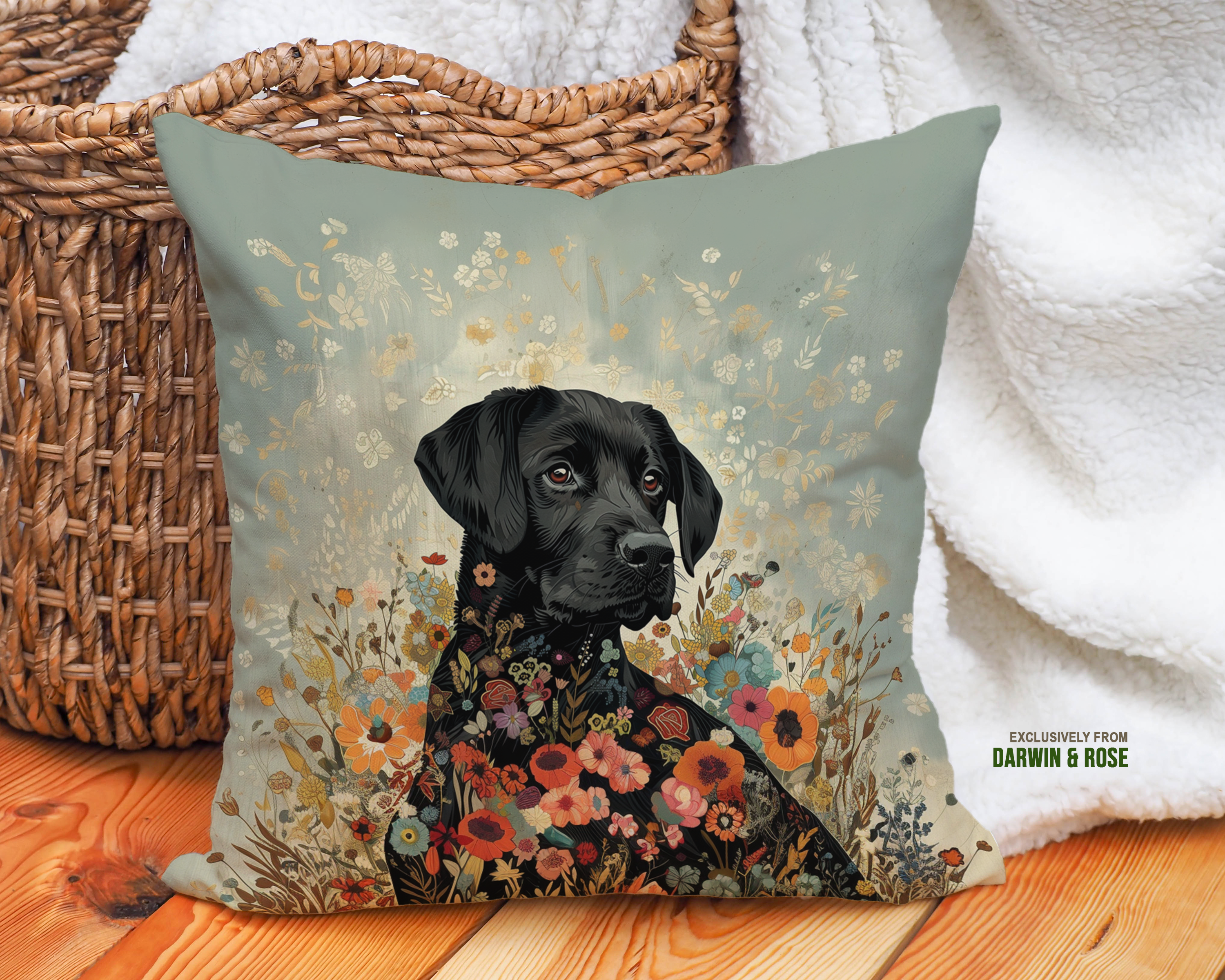 Black Labrador Retriever Floral Modern Throw Pillow