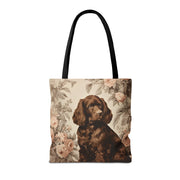 Chocolate Brown Spaniel Tote Bag with Vintage Floral Design