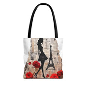 Parisian Elegance Tote Bag with Eiffel Tower & Red Rose Design