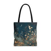 Nocturnal Bloom Crescent Moon Canvas Tote Bag, Floral Eco-Friendly Gift