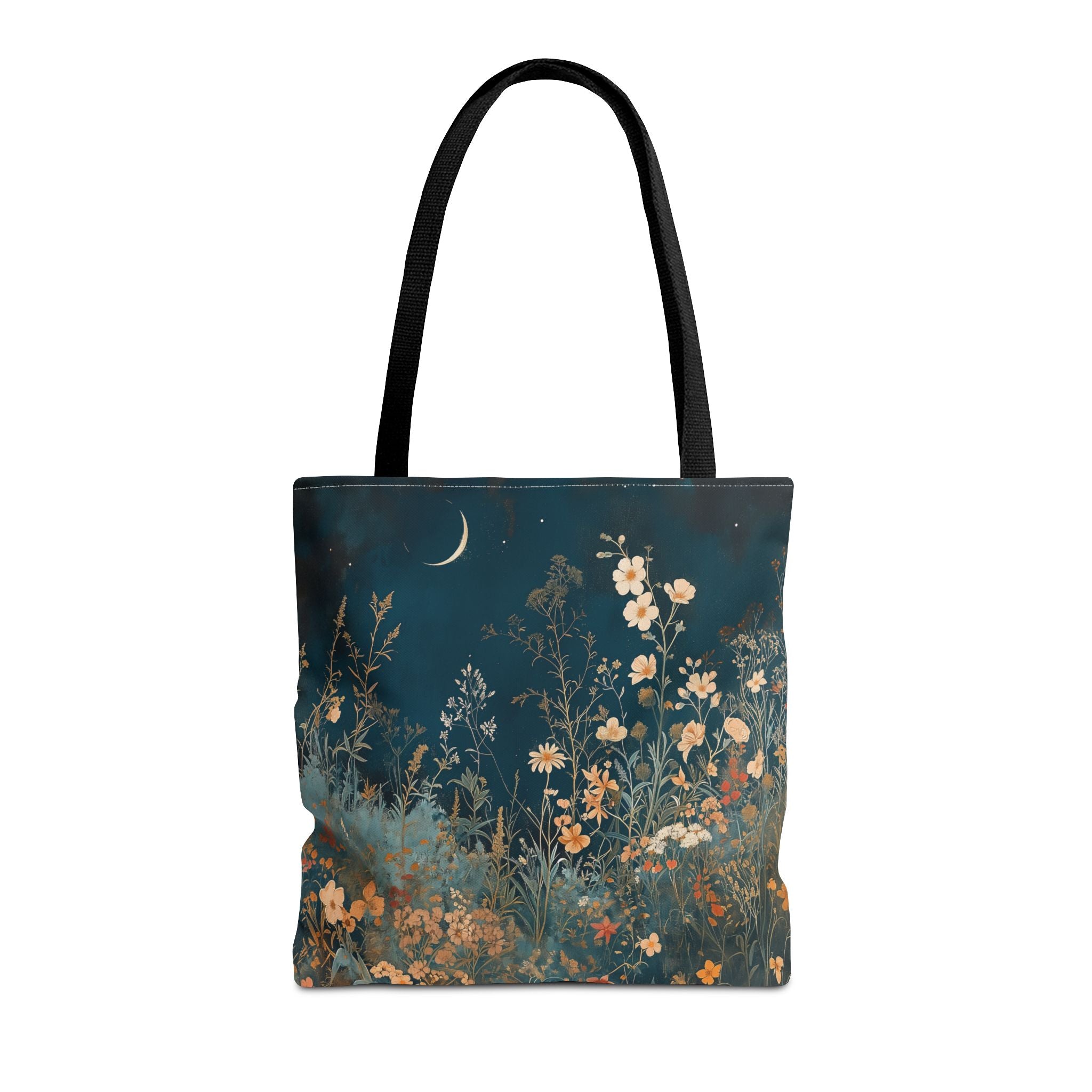 Nocturnal Bloom Crescent Moon Canvas Tote Bag, Floral Eco-Friendly Gift