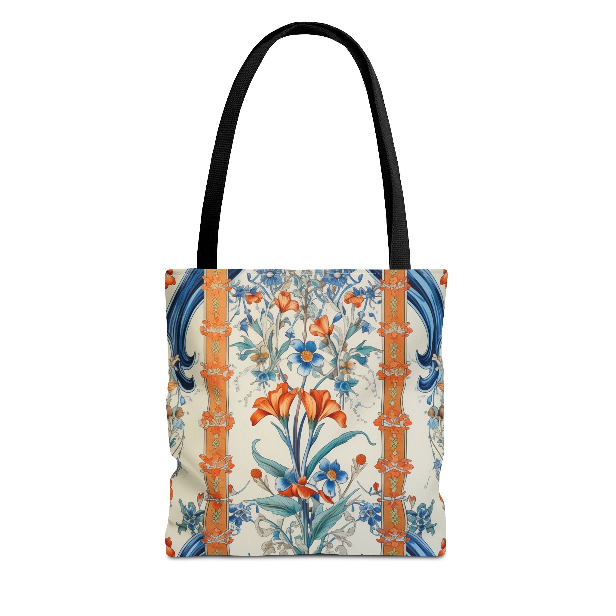 Blue and Orange Blossom Floral Canvas Tote Bag, Artistic Eco-Friendly Design - Darwin & Rose