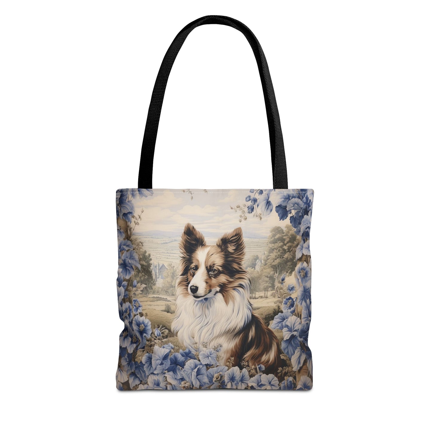 Shetland Sheepdog Floral Tote Bag, Blue Vintage Market Bag for Dog Lovers