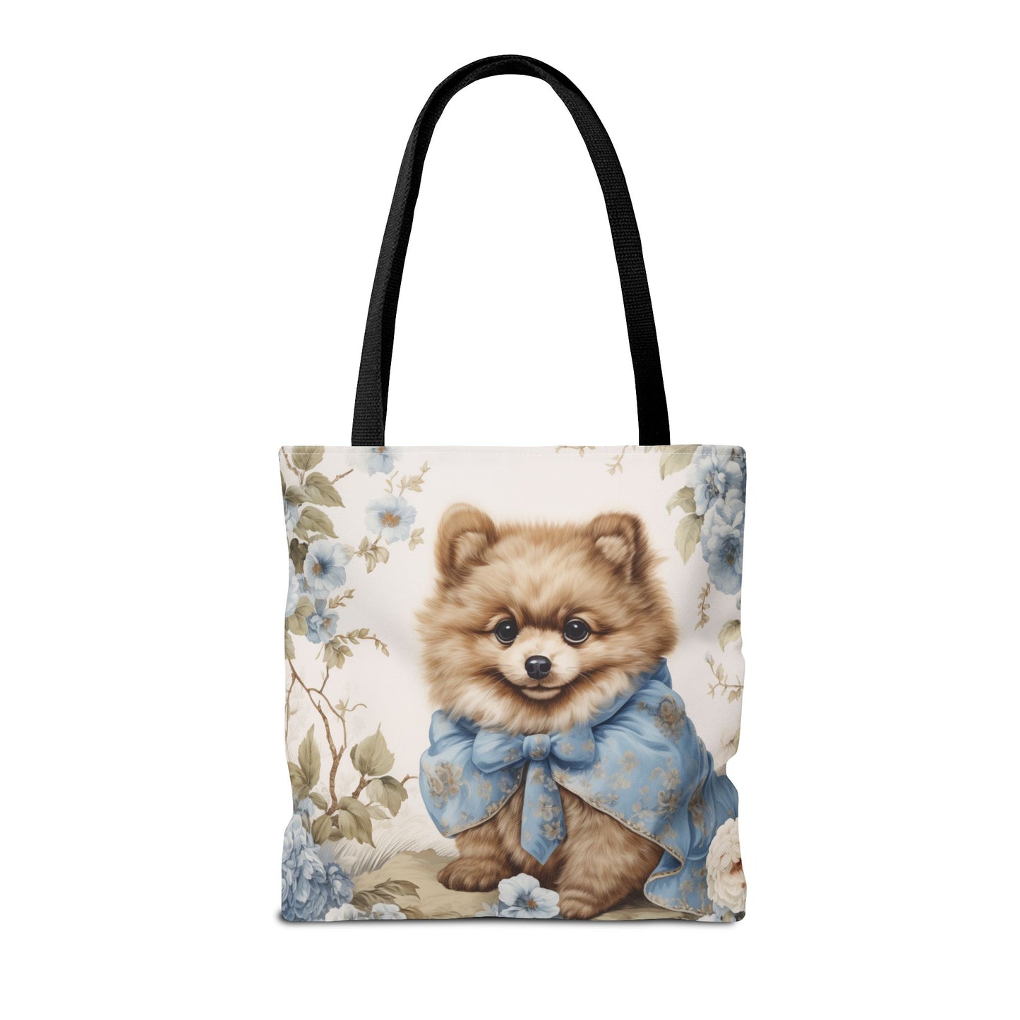 Floral Pomeranian Tote Bag with Blue Vintage Bow Design