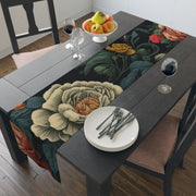 Dark Botanical Table Runner | Black, Cream, and Coral Design (72" or 90")