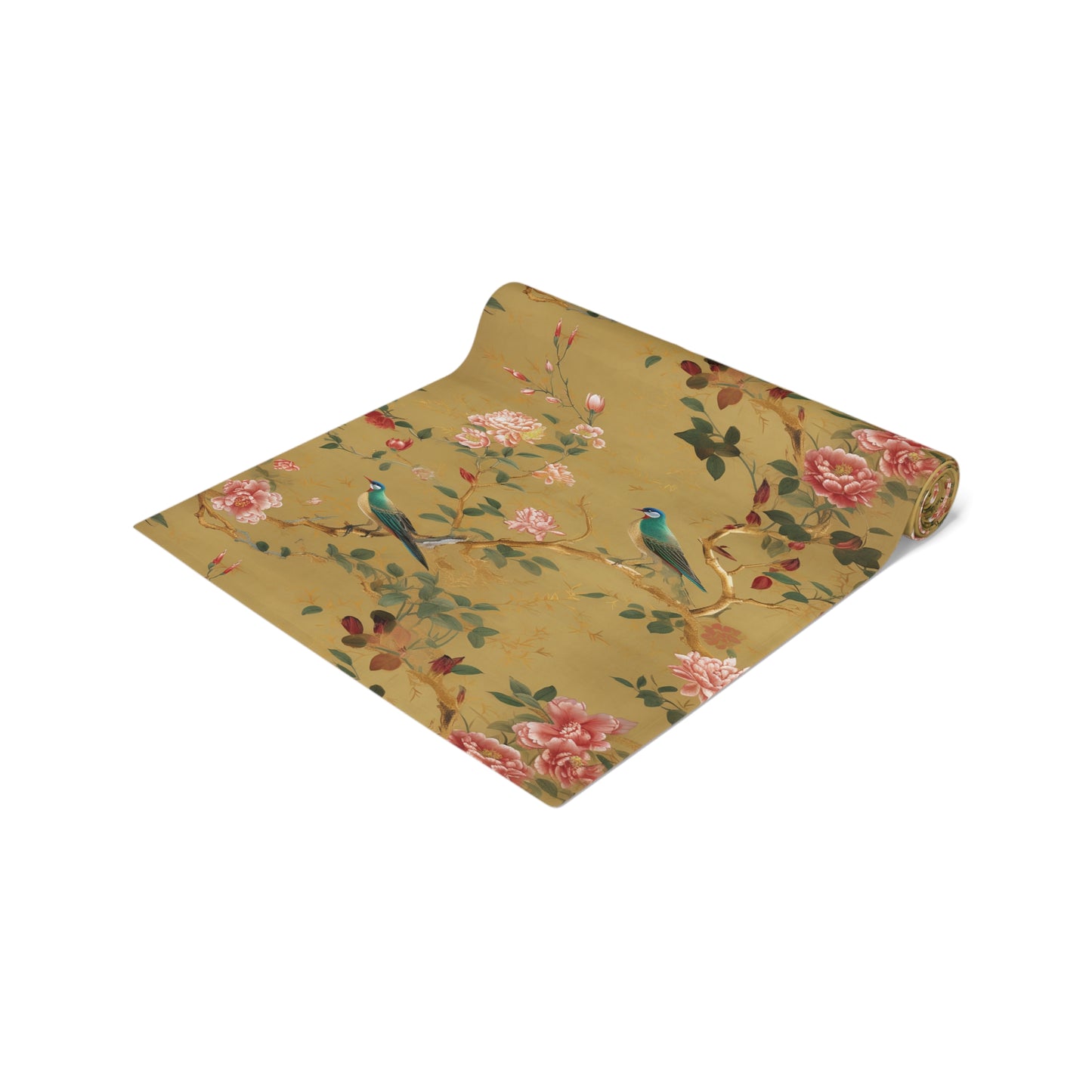 Gilded Chinoiserie Table Runner | Gold Leaf, Pink, and Teal Design (72" or 90")