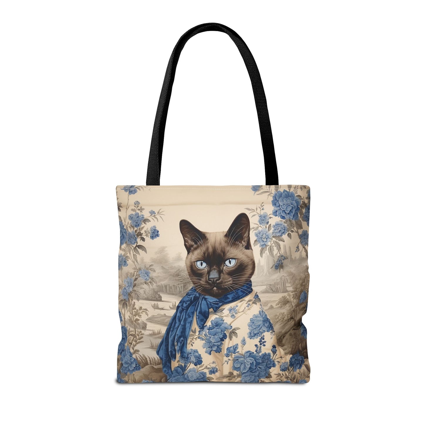 Siamese Elegance Tote Bag, Charming Cat Design in Blue and Beige Canvas