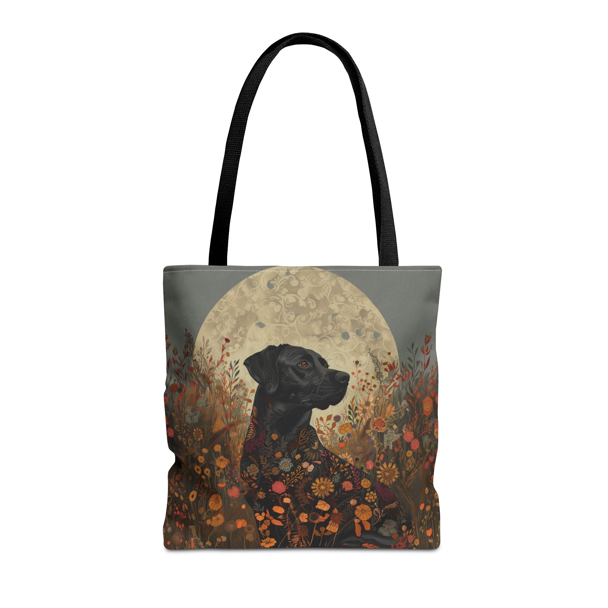 Moonlit Black Labrador in Floral Meadow Tote Bag