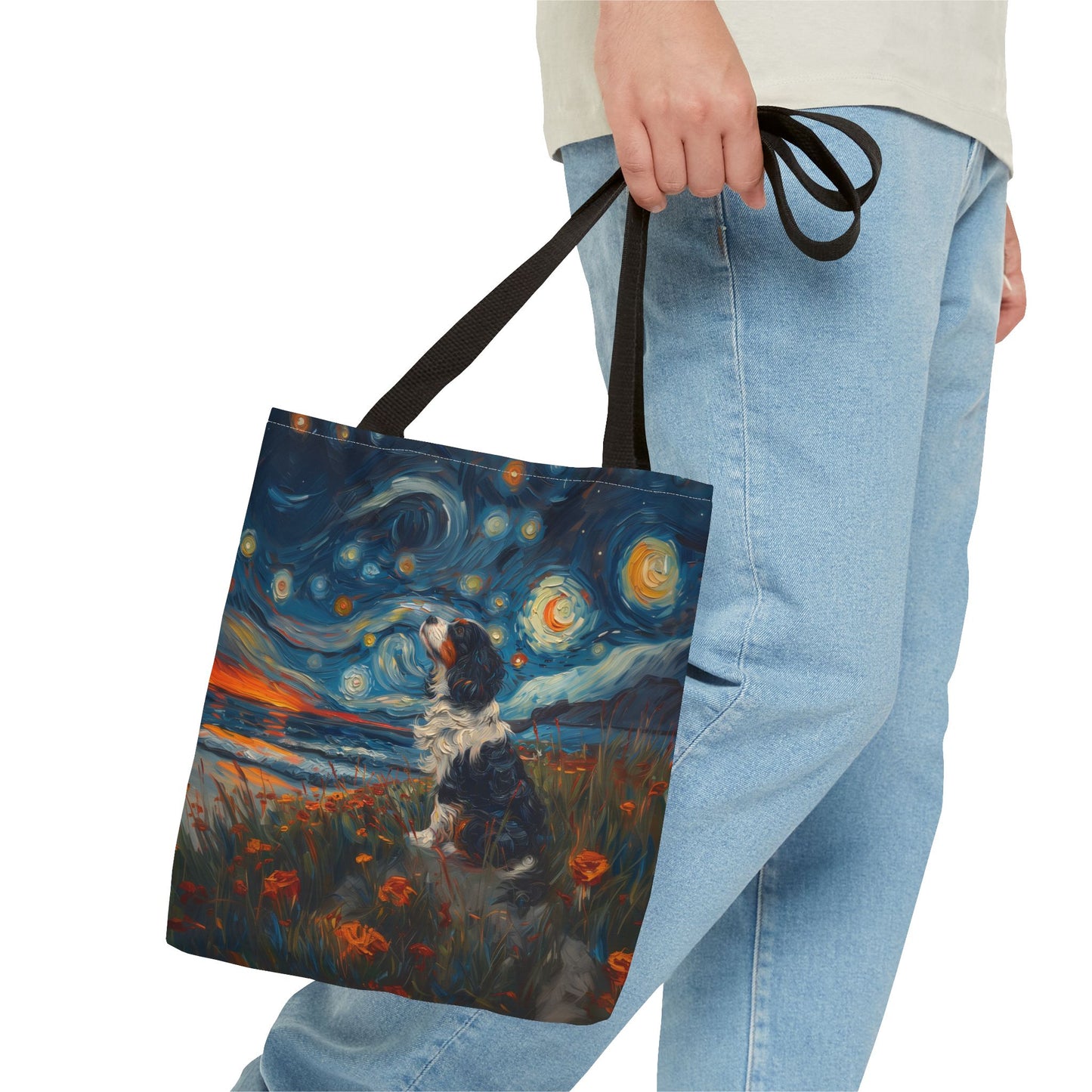 Starry Cavalier Tote Bag, Van Gogh Inspired Eco-Friendly Dog Lover Gift