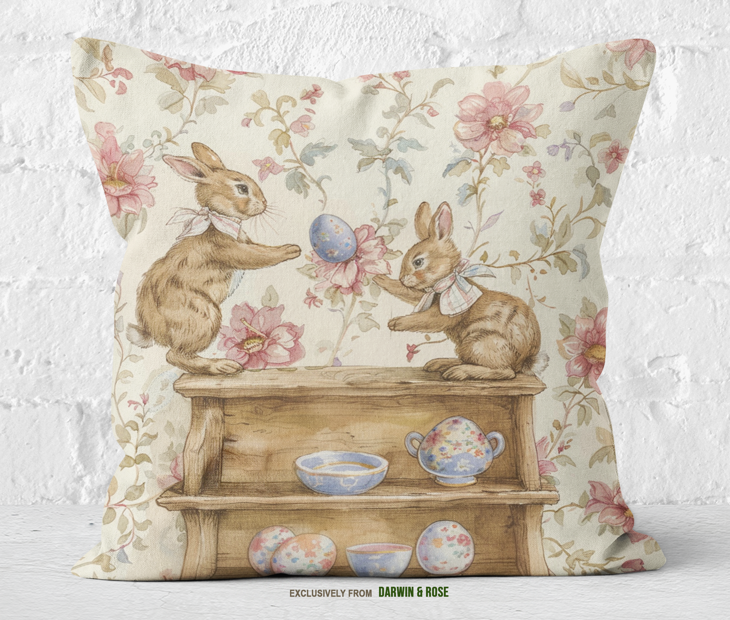 Two Bunnies Easter Farmhouse Throw Pillow
