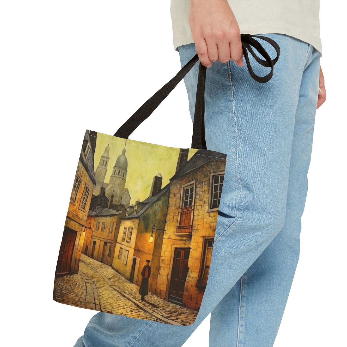 Cobblestone Alley Canvas Tote Bag, Vintage Street Scene Design