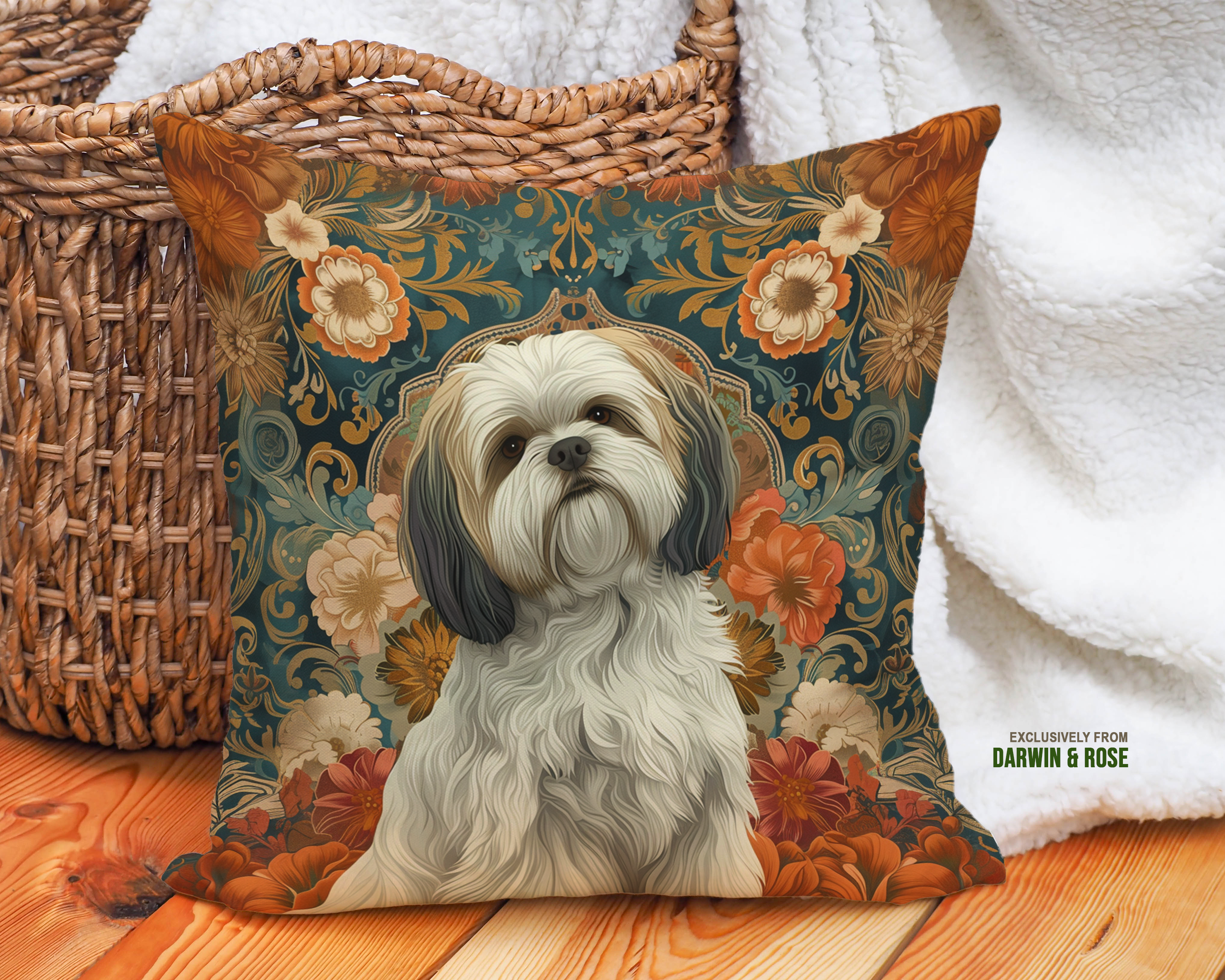 Lhasa Apso Floral Elegance Throw Pillow – Boho Style Decor