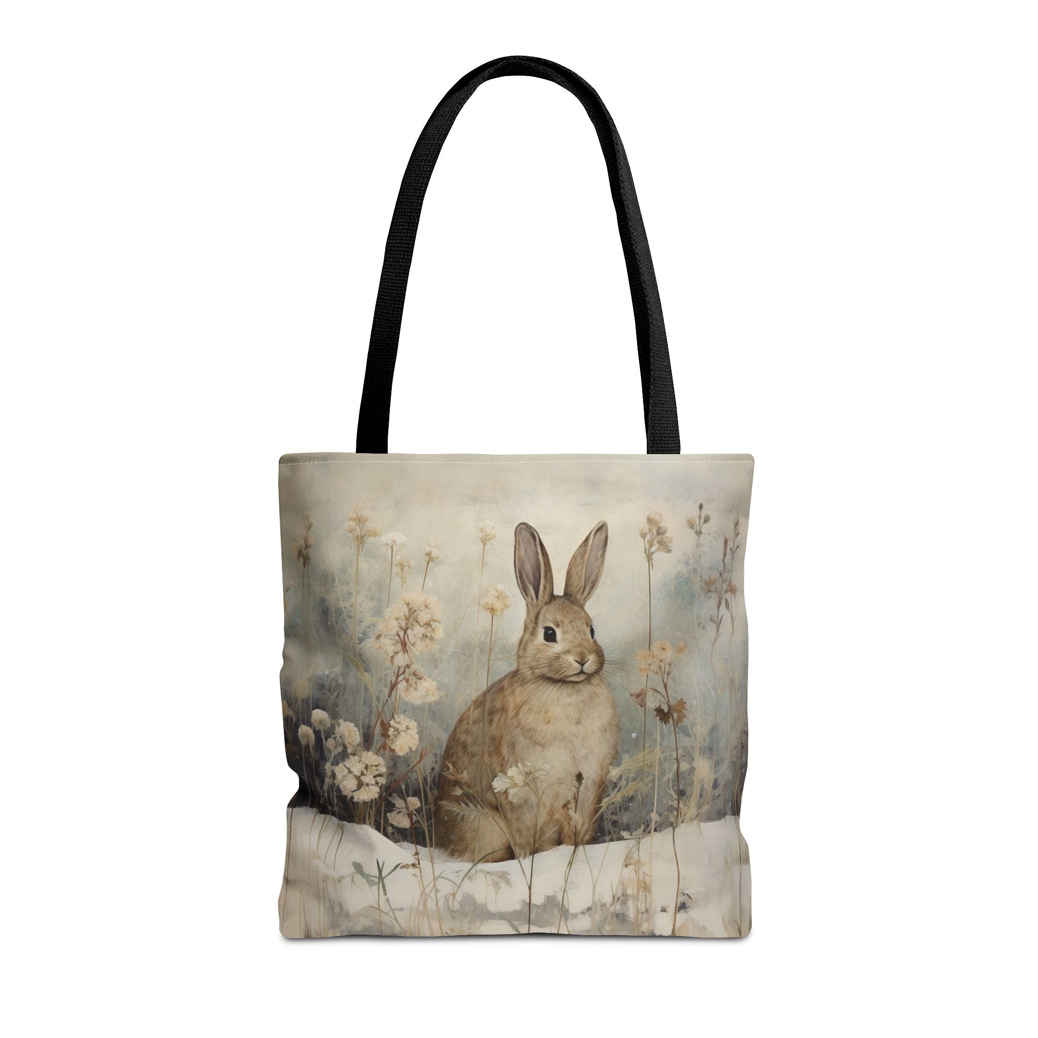 Winter Rabbit Tote Bag, Elegant Floral Design for Nature Lovers