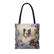 Shetland Sheepdog Floral Tote Bag, Blue Vintage Market Bag for Dog Lovers