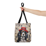 Cavalier King Charles Spaniel Tote Bag, Newsprint Design with Red Hat