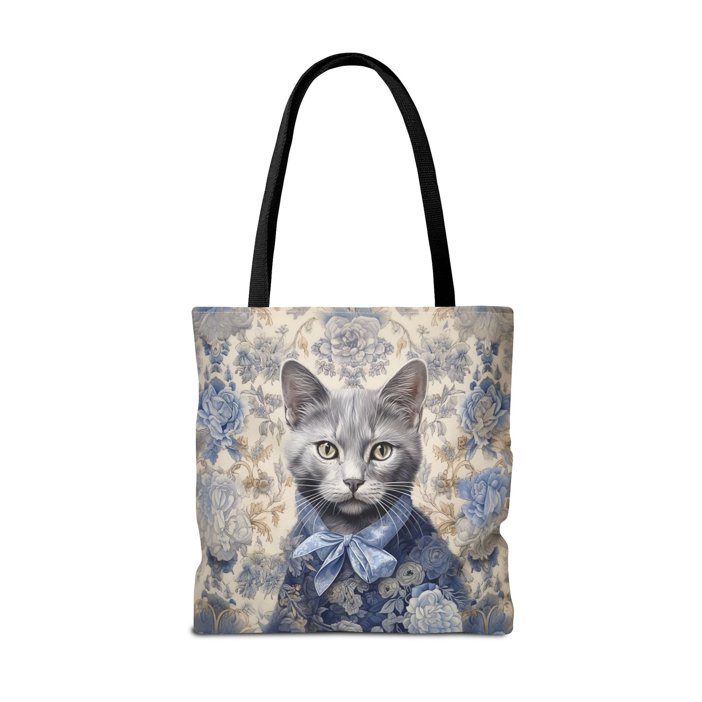 Russian Blue Cat Floral Tote Bag, Elegant Eco-Friendly Shopper