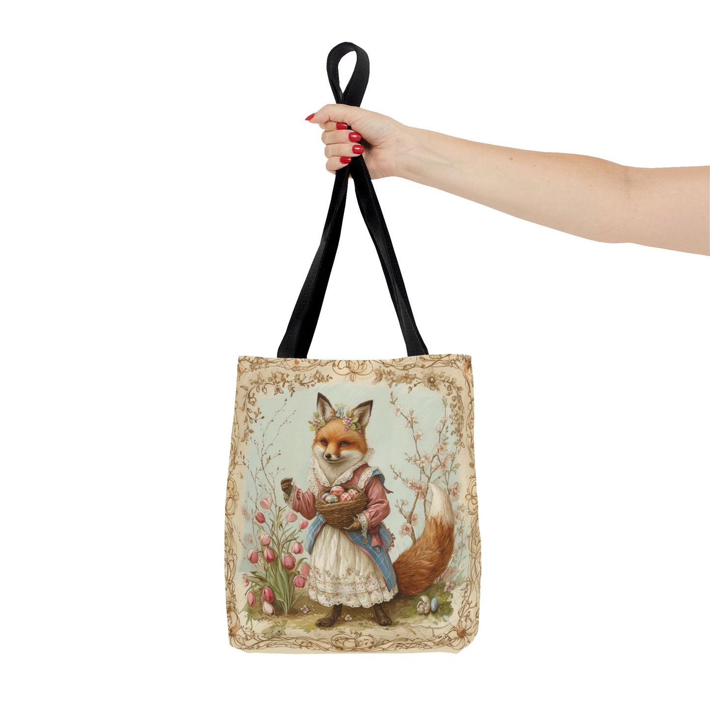 Easter Fox Tote Bag with Tulip Garden, Eco-Friendly Market Bag